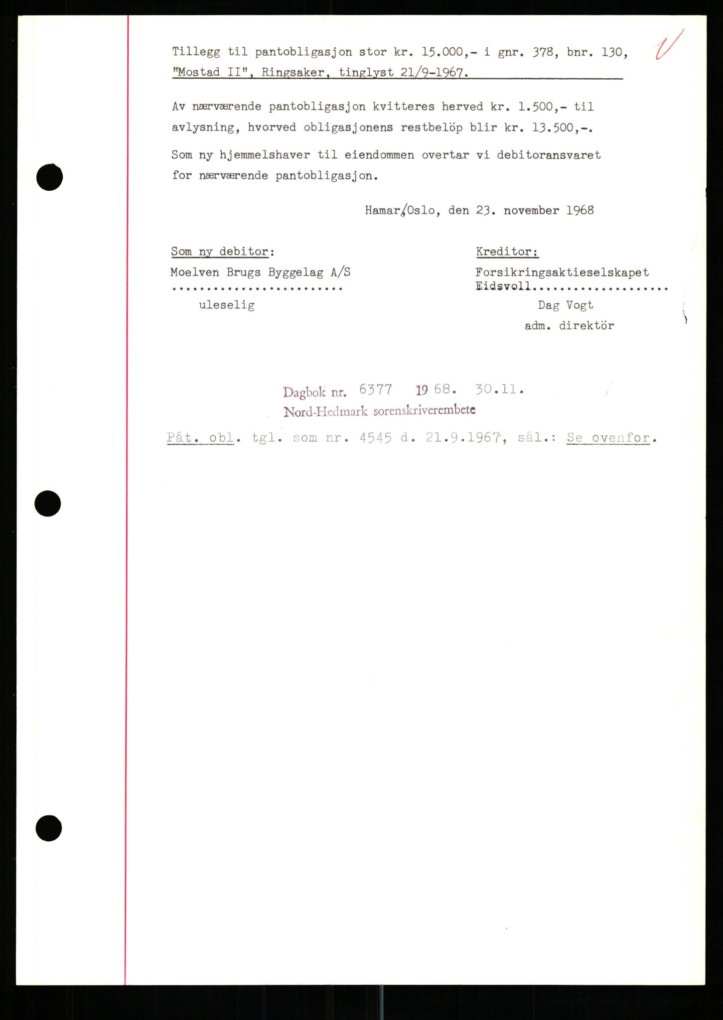 Nord-Hedmark sorenskriveri, SAH/TING-012/H/Hb/Hbf/L0077: Mortgage book no. B77, 1968-1969, Diary no: : 6377/1968