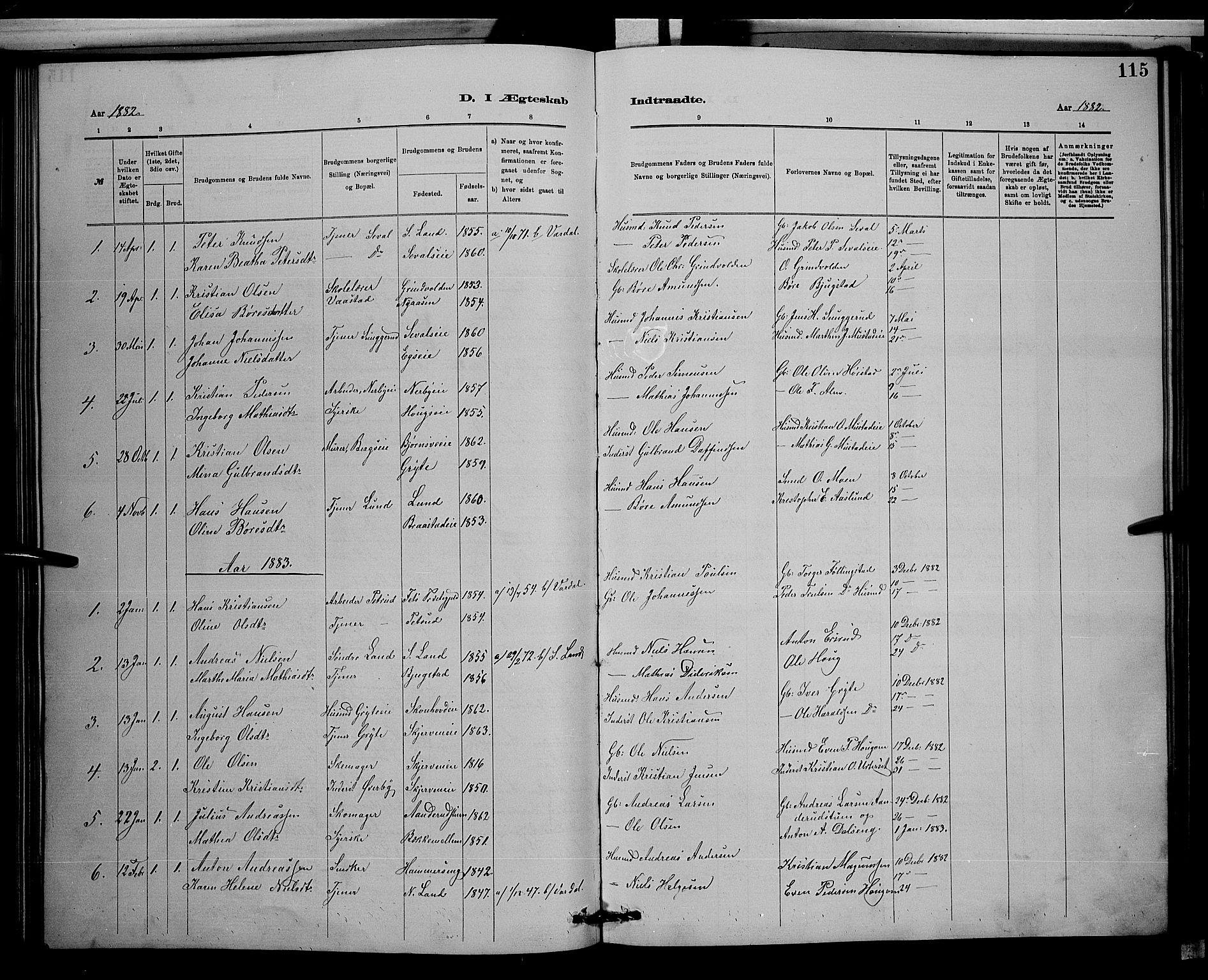 Vardal prestekontor, SAH/PREST-100/H/Ha/Hab/L0008: Parish register (copy) no. 8, 1881-1898, p. 115