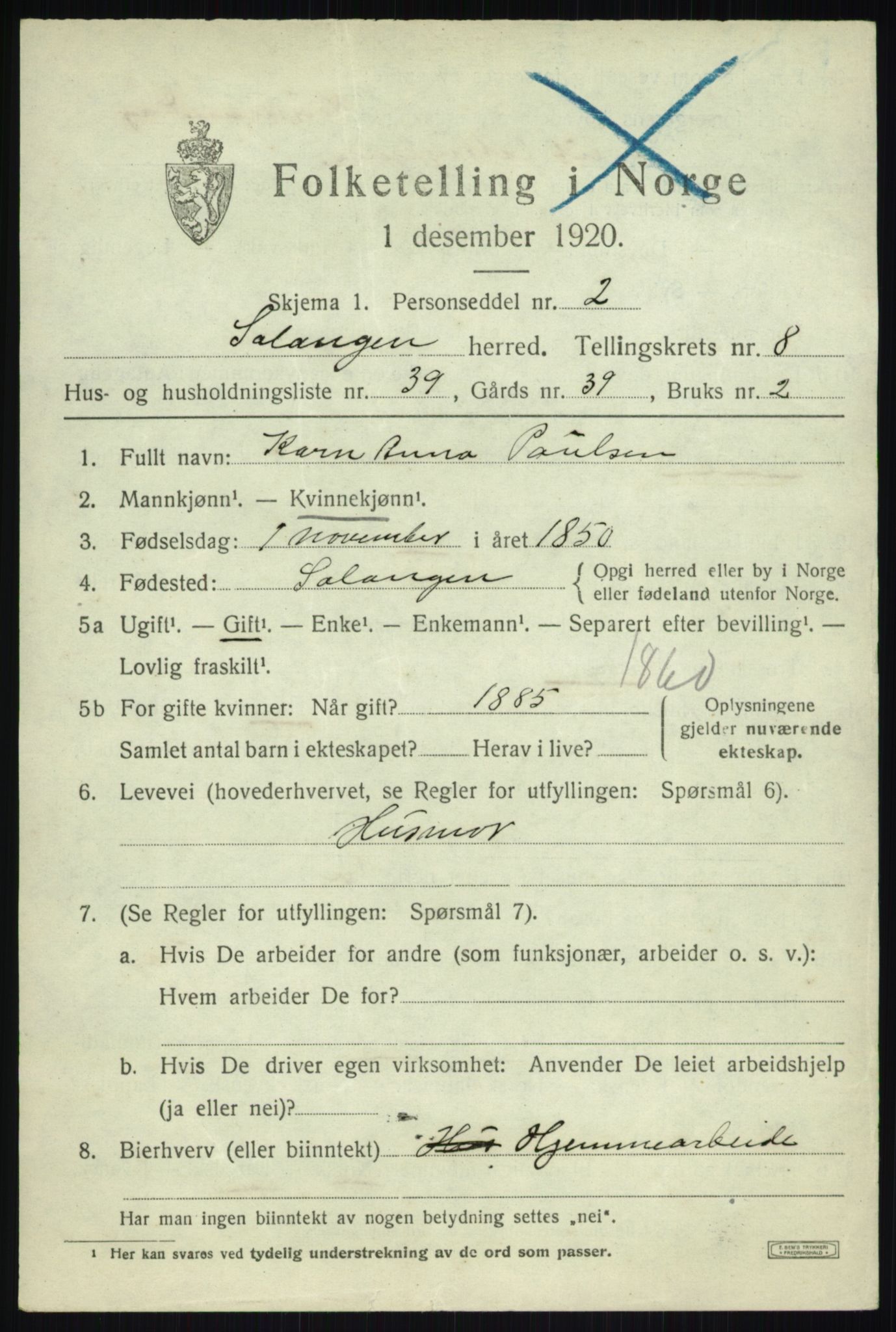 SATØ, 1920 census for Salangen, 1920, p. 5620