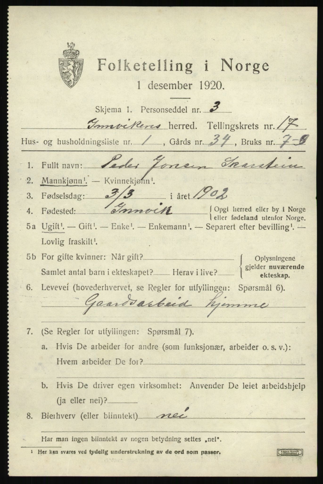 SAB, 1920 census for Innvik, 1920, p. 6769