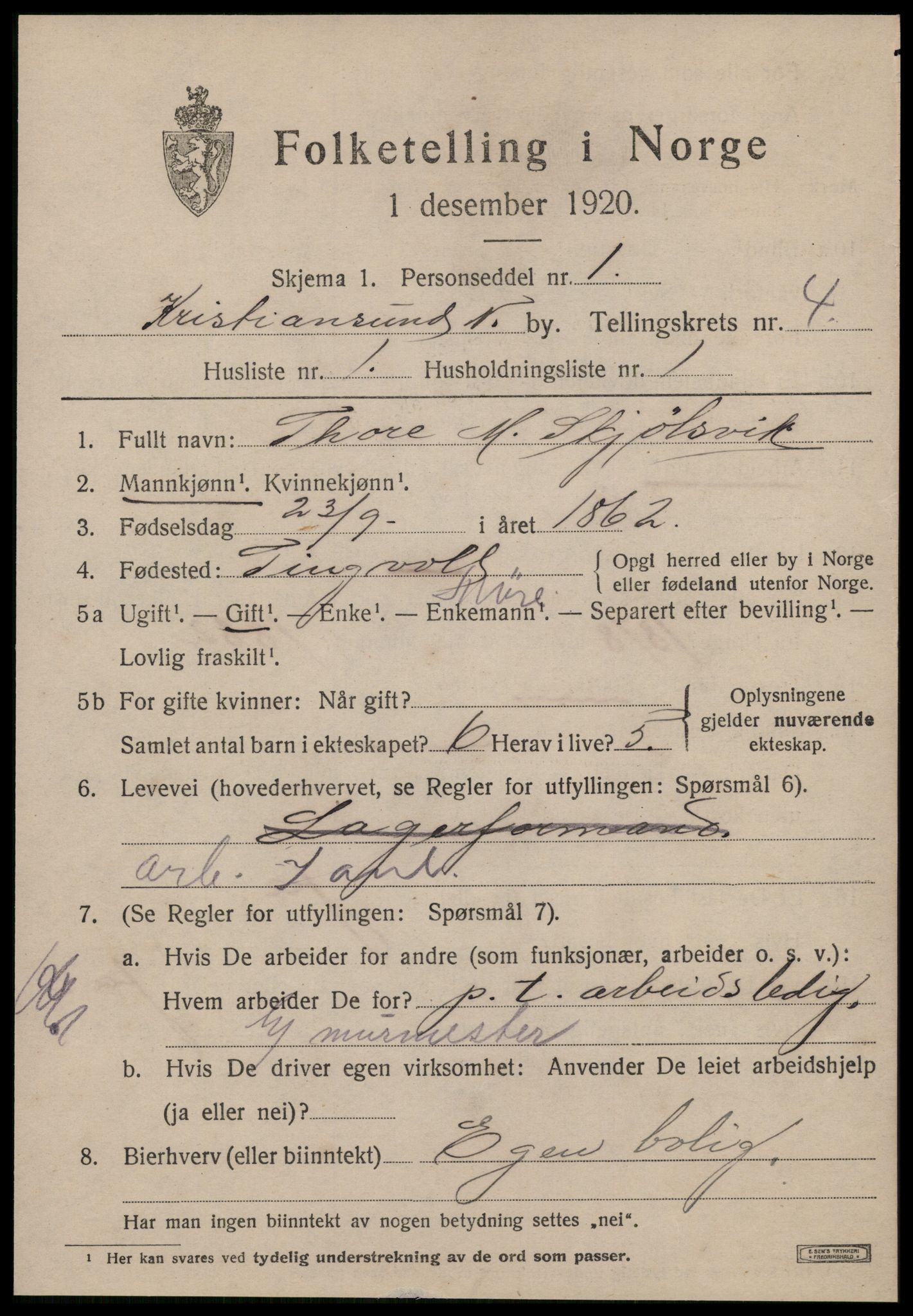 SAT, 1920 census for Kristiansund, 1920, p. 14887