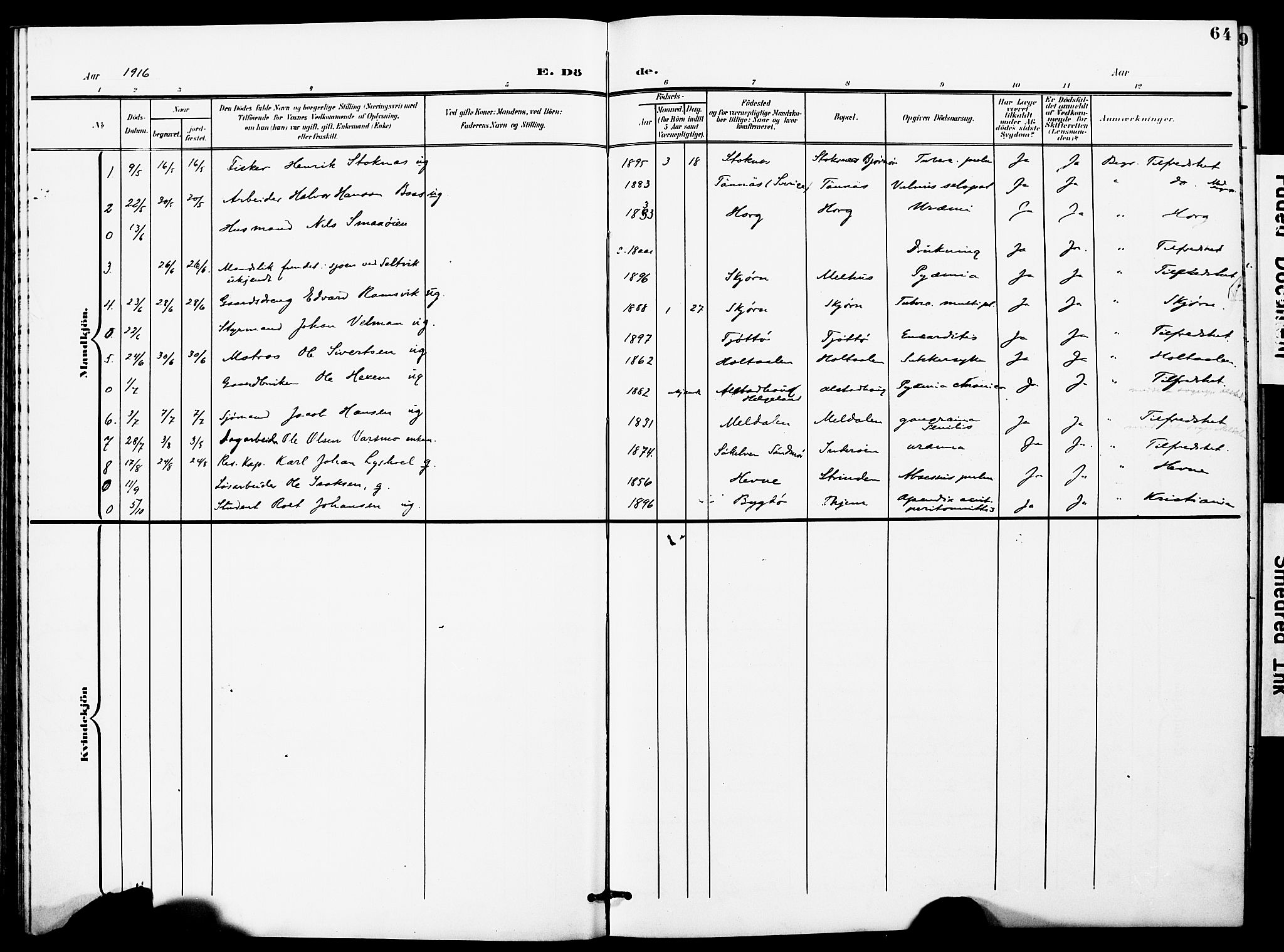 Ministerialprotokoller, klokkerbøker og fødselsregistre - Sør-Trøndelag, SAT/A-1456/628/L0483: Parish register (official) no. 628A01, 1902-1920, p. 64