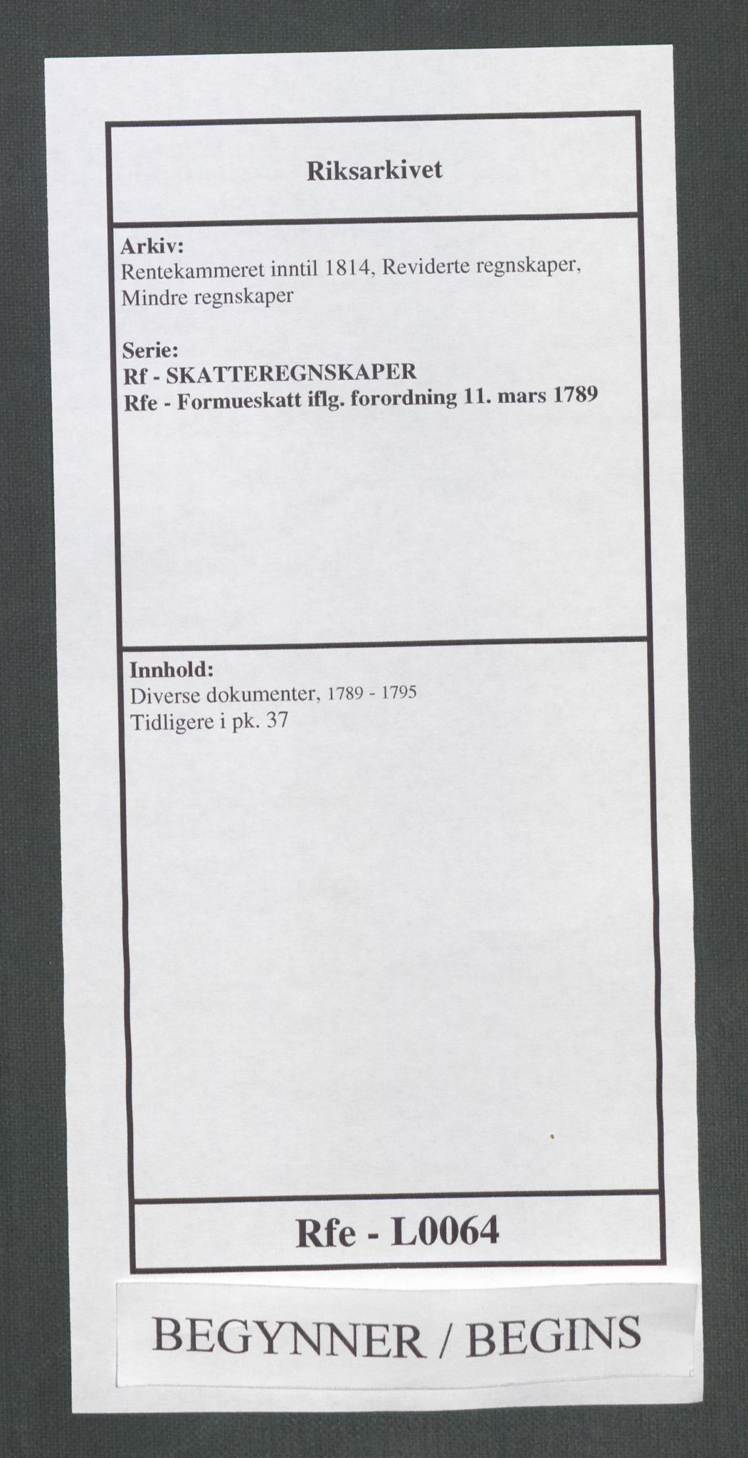 Rentekammeret inntil 1814, Reviderte regnskaper, Mindre regnskaper, AV/RA-EA-4068/Rf/Rfe/L0064: Diverse dokumenter, 1789-1795, p. 1