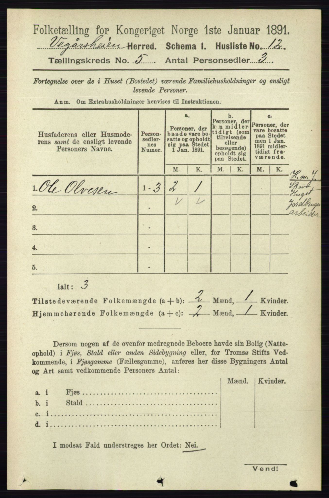 RA, 1891 census for 0912 Vegårshei, 1891, p. 954