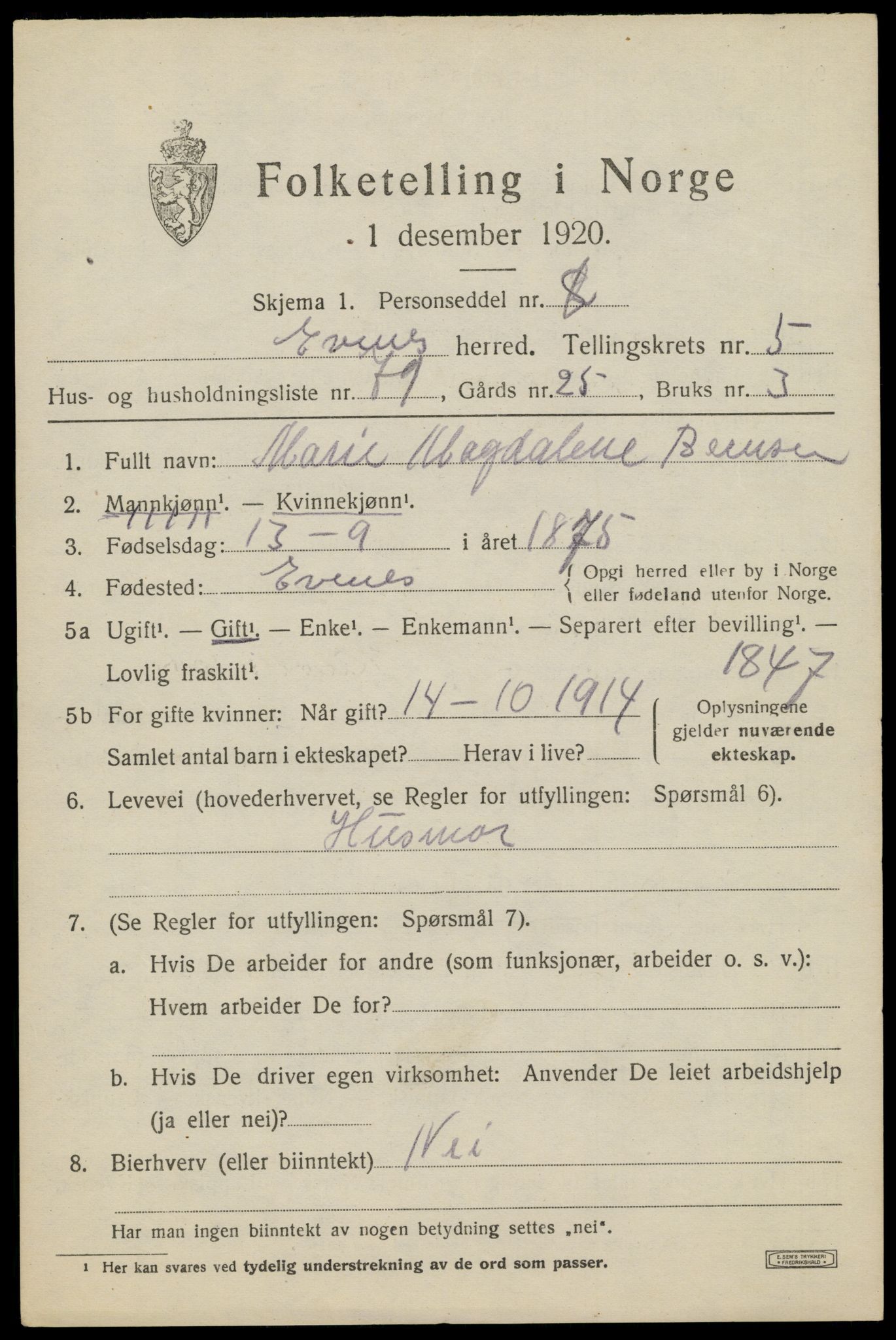 SAT, 1920 census for Evenes, 1920, p. 5446
