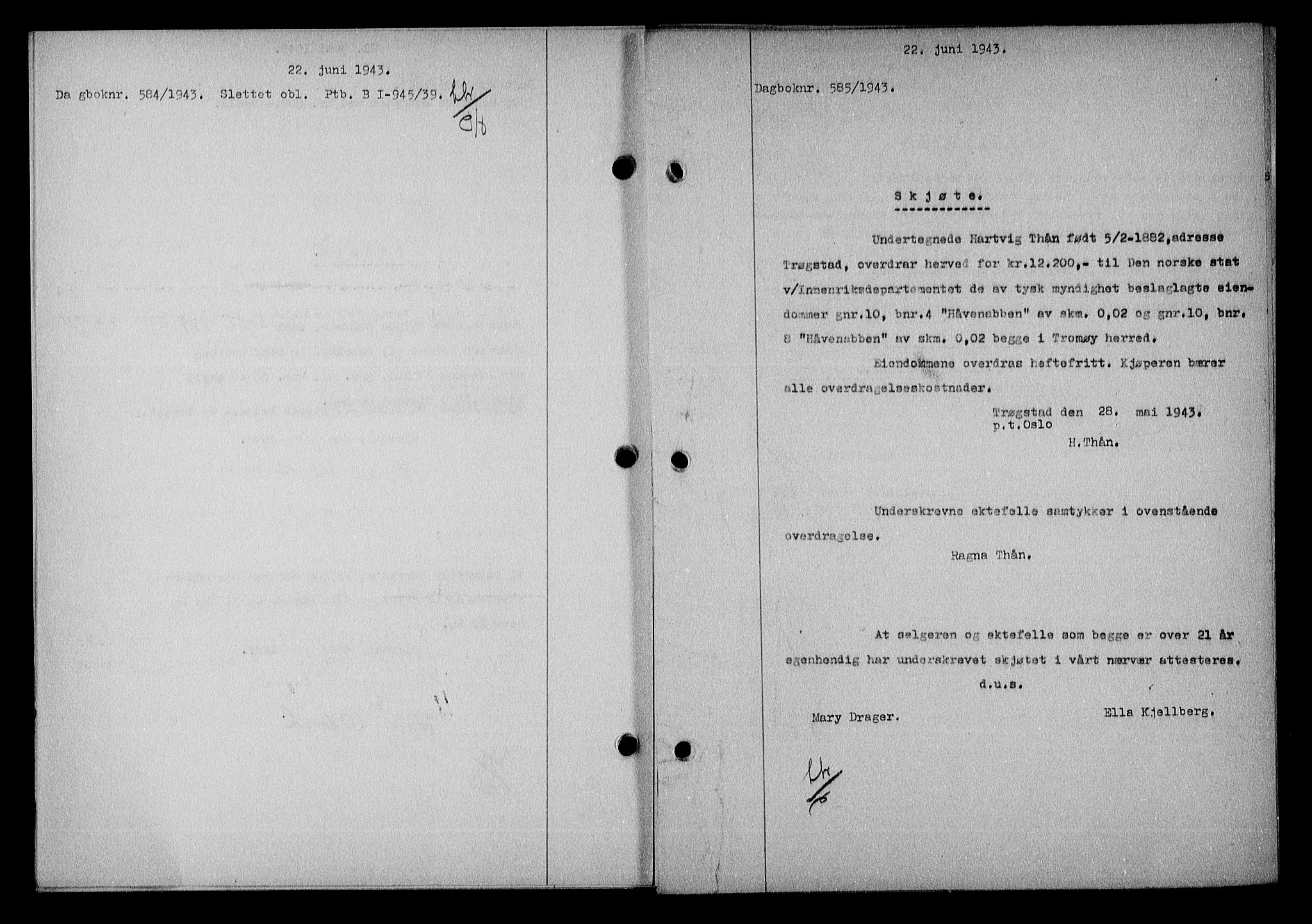 Nedenes sorenskriveri, SAK/1221-0006/G/Gb/Gba/L0050: Mortgage book no. A-IV, 1942-1943, Diary no: : 585/1943