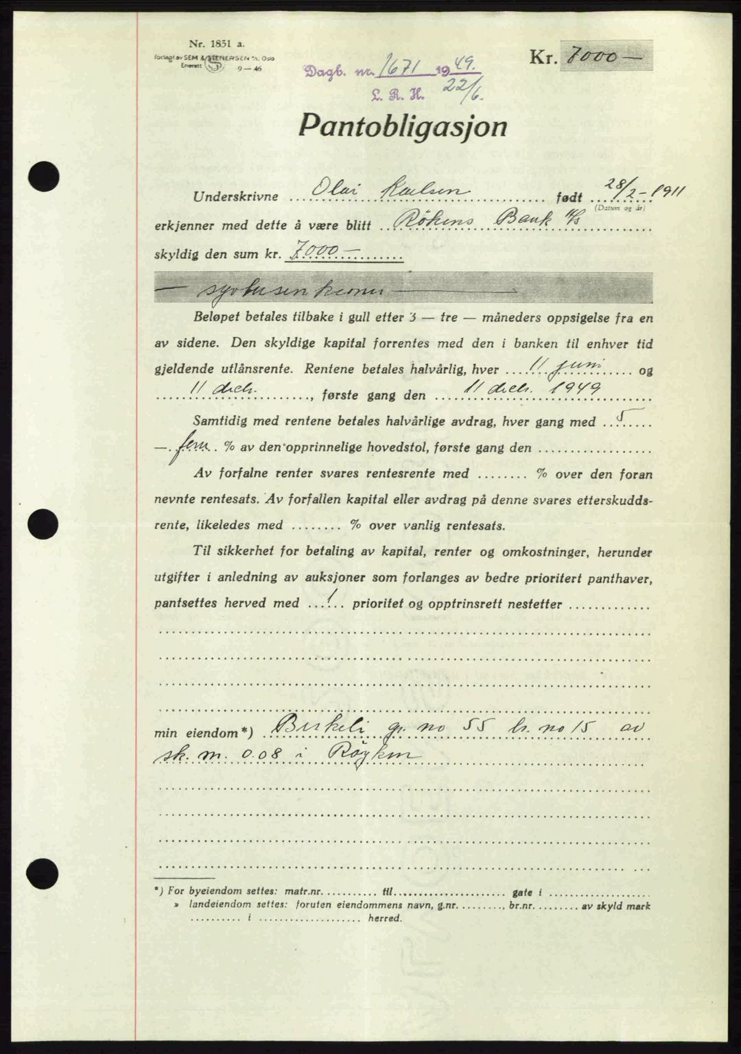 Lier, Røyken og Hurum sorenskriveri, AV/SAKO-A-89/G/Ga/Gab/L0101: Mortgage book no. 101, 1949-1949, Diary no: : 1671/1949