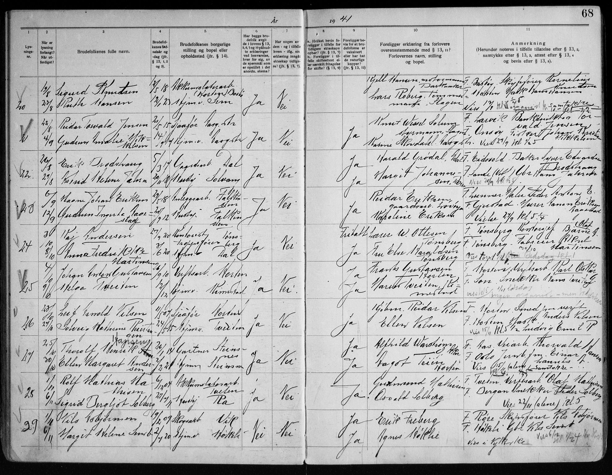 Borre kirkebøker, AV/SAKO-A-338/H/Ha/L0003: Banns register no. 3, 1919-1949, p. 68