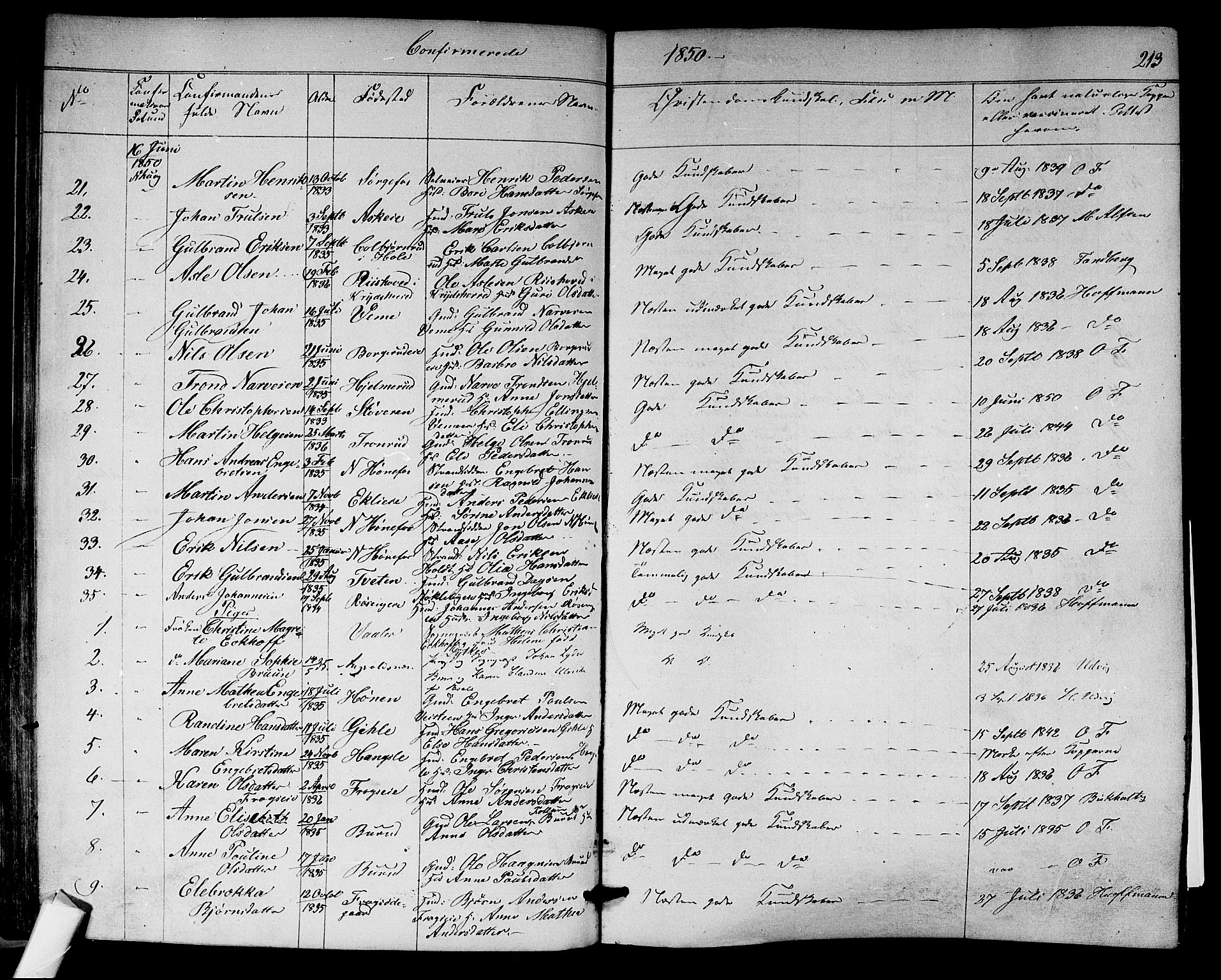 Norderhov kirkebøker, AV/SAKO-A-237/F/Fa/L0011: Parish register (official) no. 11, 1847-1856, p. 213