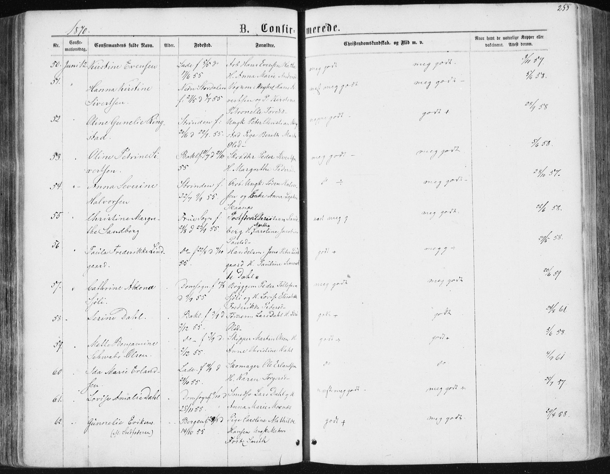 Ministerialprotokoller, klokkerbøker og fødselsregistre - Sør-Trøndelag, AV/SAT-A-1456/604/L0186: Parish register (official) no. 604A07, 1866-1877, p. 255