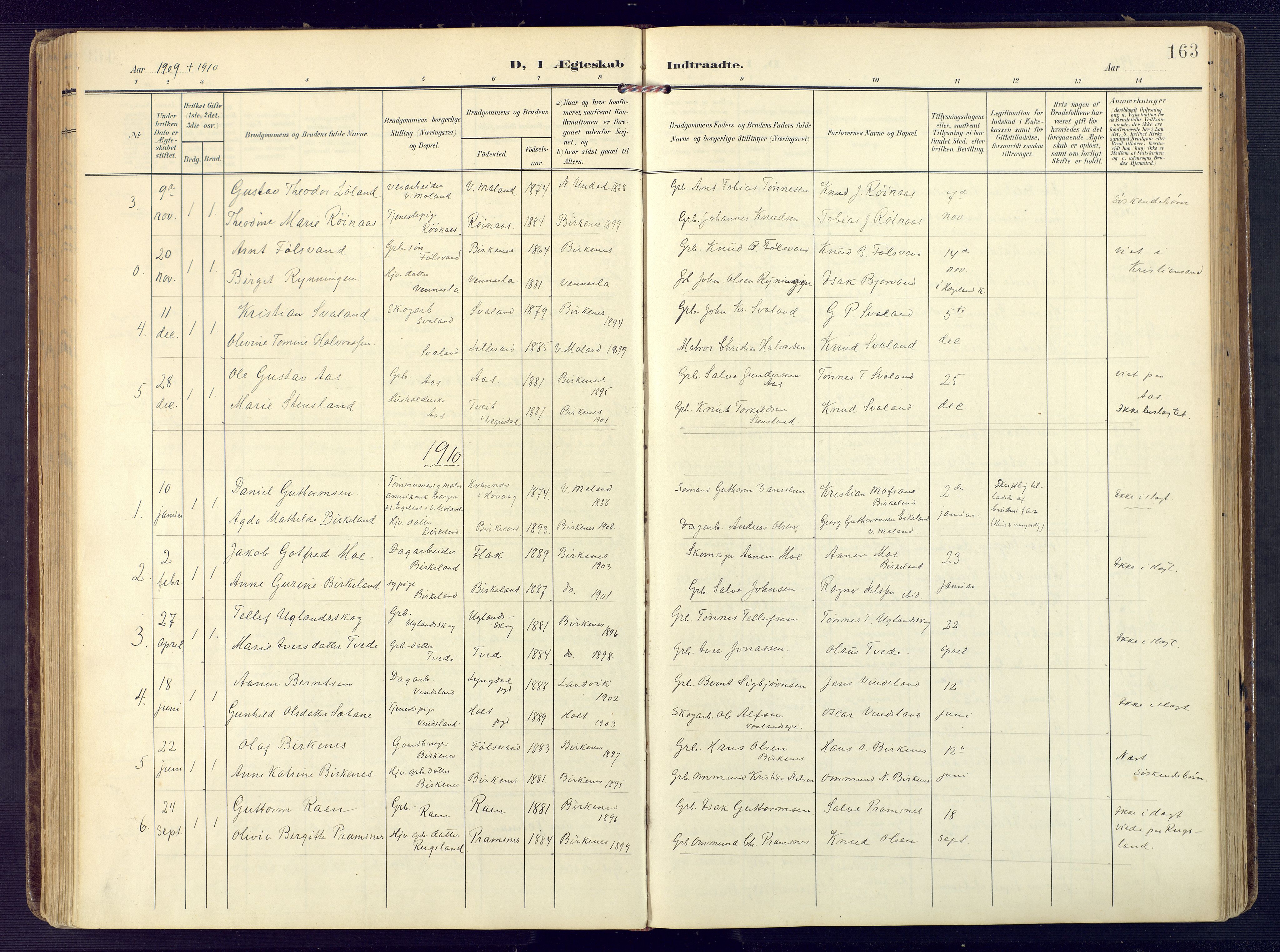 Birkenes sokneprestkontor, SAK/1111-0004/F/Fa/L0006: Parish register (official) no. A 6, 1908-1932, p. 163