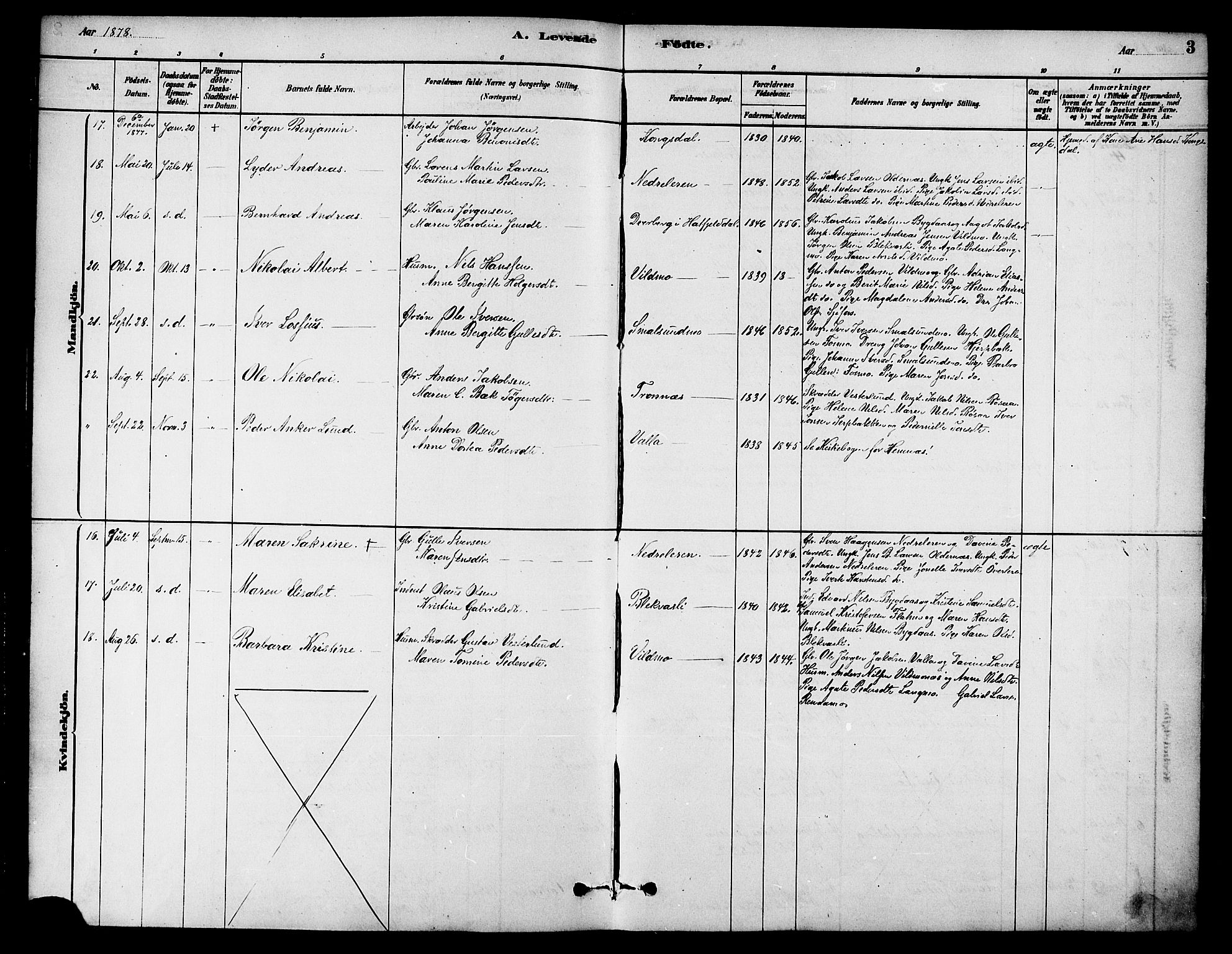 Ministerialprotokoller, klokkerbøker og fødselsregistre - Nordland, AV/SAT-A-1459/826/L0379: Parish register (official) no. 826A02, 1878-1895, p. 3