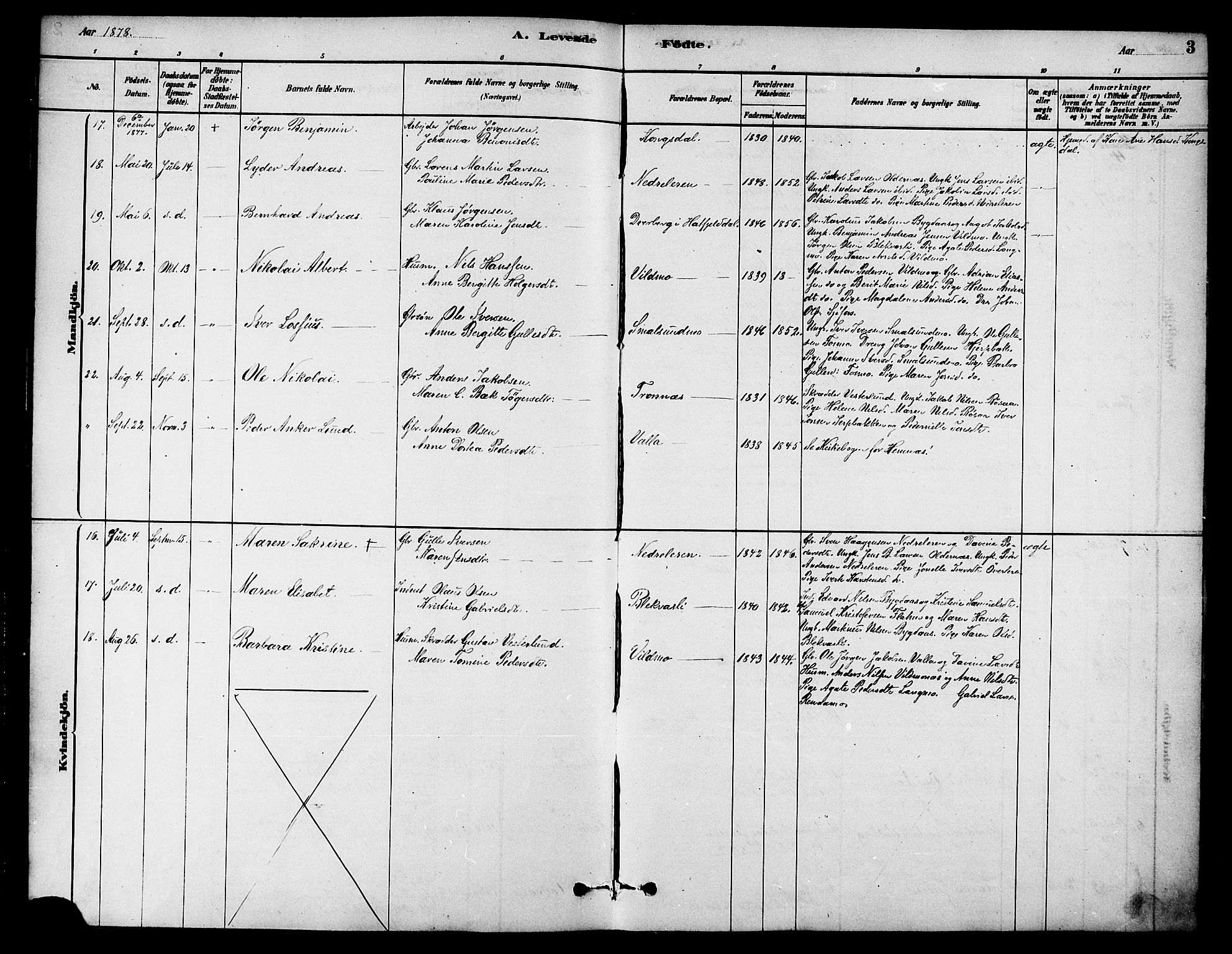 Ministerialprotokoller, klokkerbøker og fødselsregistre - Nordland, AV/SAT-A-1459/826/L0379: Parish register (official) no. 826A02, 1878-1895, p. 3