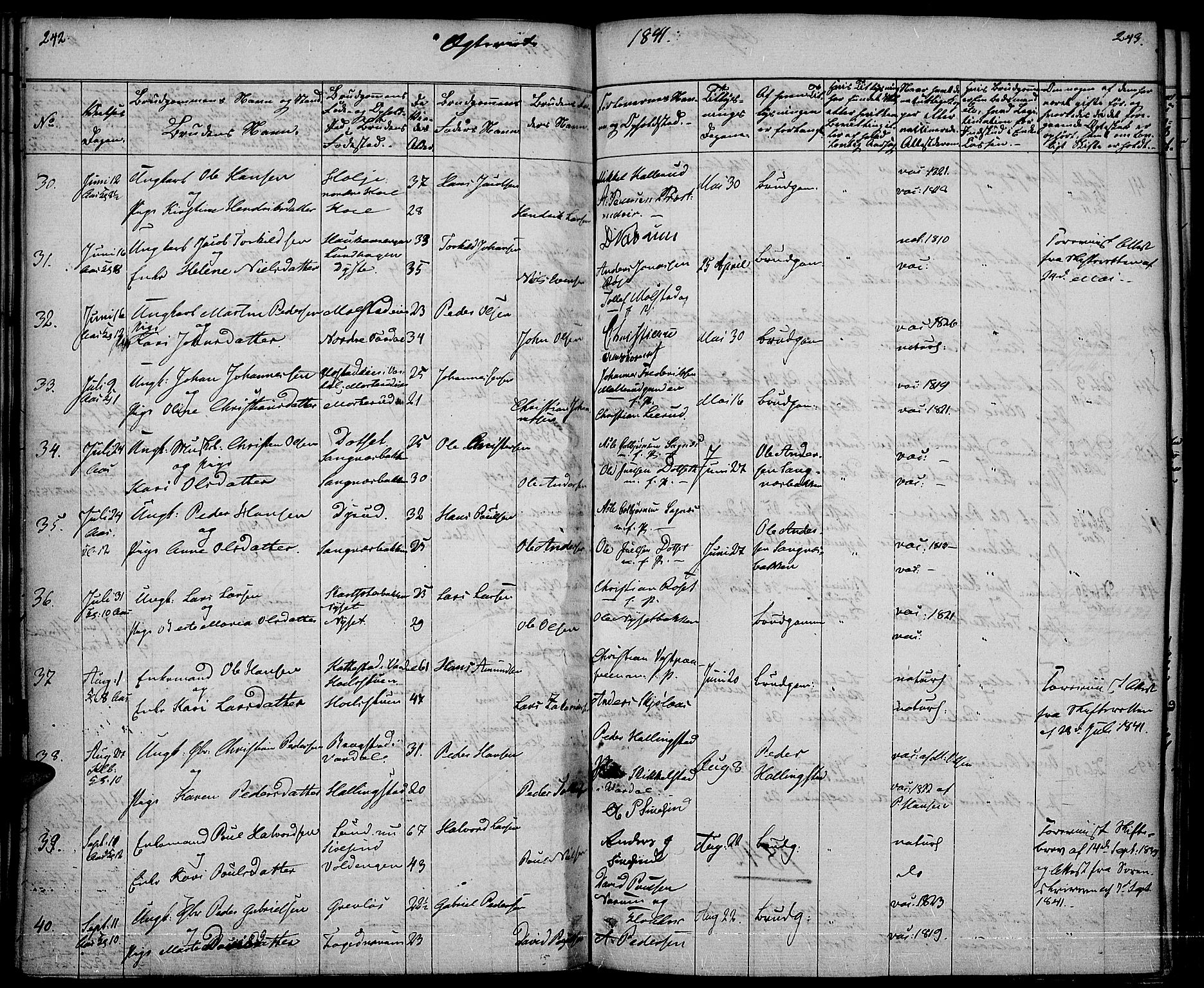 Vestre Toten prestekontor, SAH/PREST-108/H/Ha/Haa/L0003: Parish register (official) no. 3, 1836-1843, p. 242-243