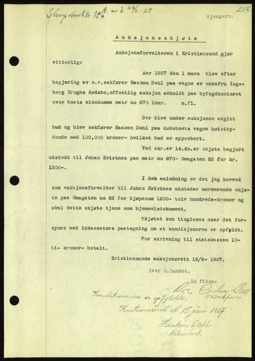 Kristiansund byfogd, AV/SAT-A-4587/A/27: Mortgage book no. 21, 1926-1928, Deed date: 23.06.1927