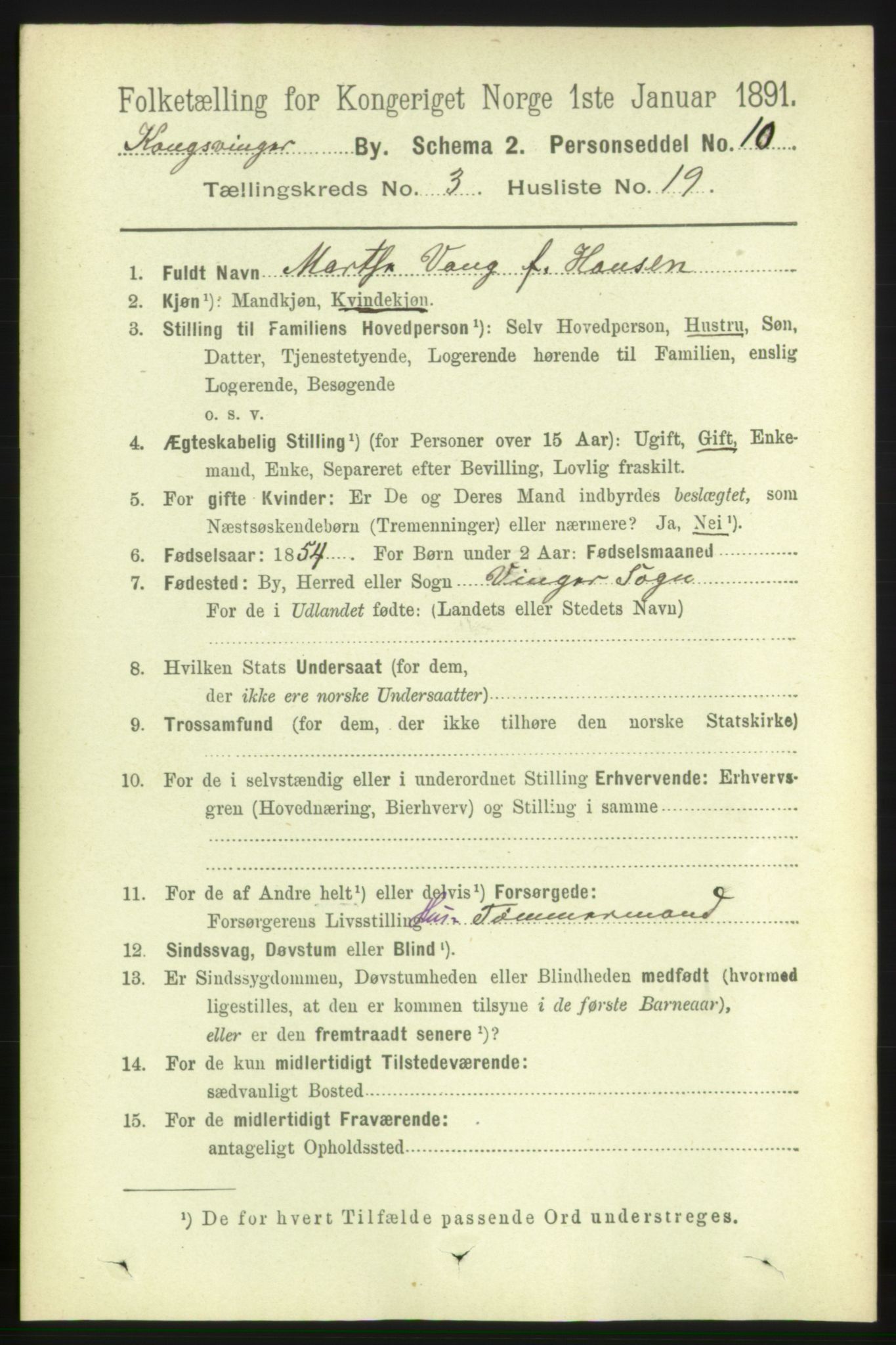 RA, 1891 census for 0402 Kongsvinger, 1891, p. 1337