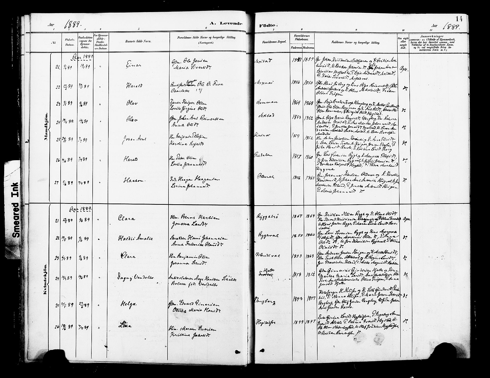 Ministerialprotokoller, klokkerbøker og fødselsregistre - Nord-Trøndelag, AV/SAT-A-1458/713/L0121: Parish register (official) no. 713A10, 1888-1898, p. 14