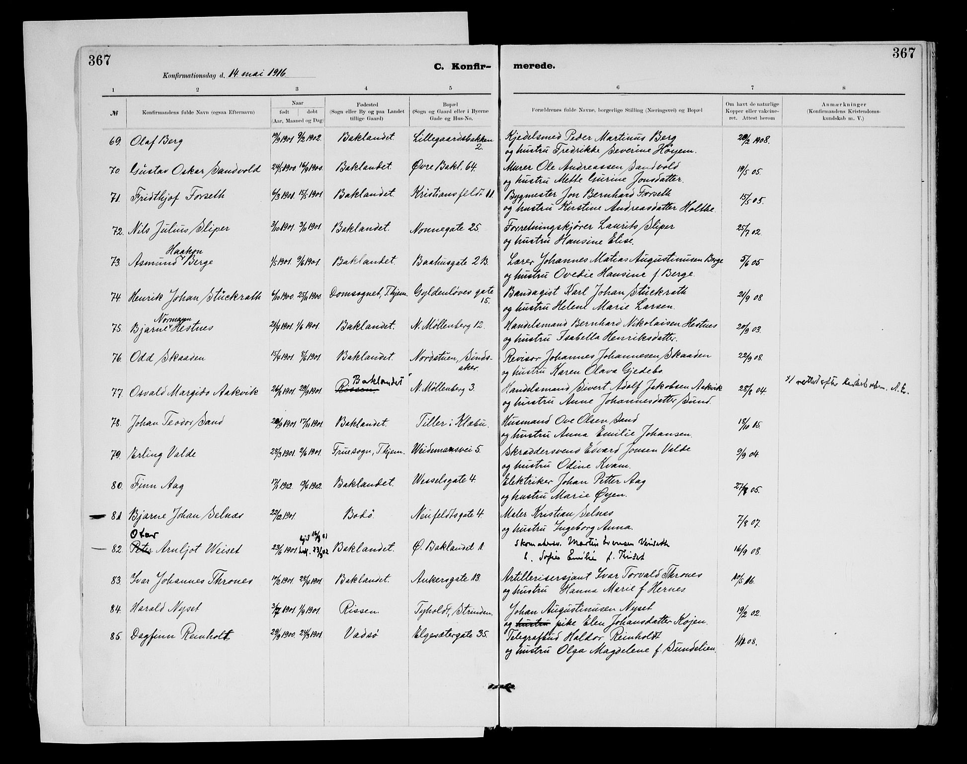 Ministerialprotokoller, klokkerbøker og fødselsregistre - Sør-Trøndelag, AV/SAT-A-1456/604/L0203: Parish register (official) no. 604A23, 1908-1916, p. 367