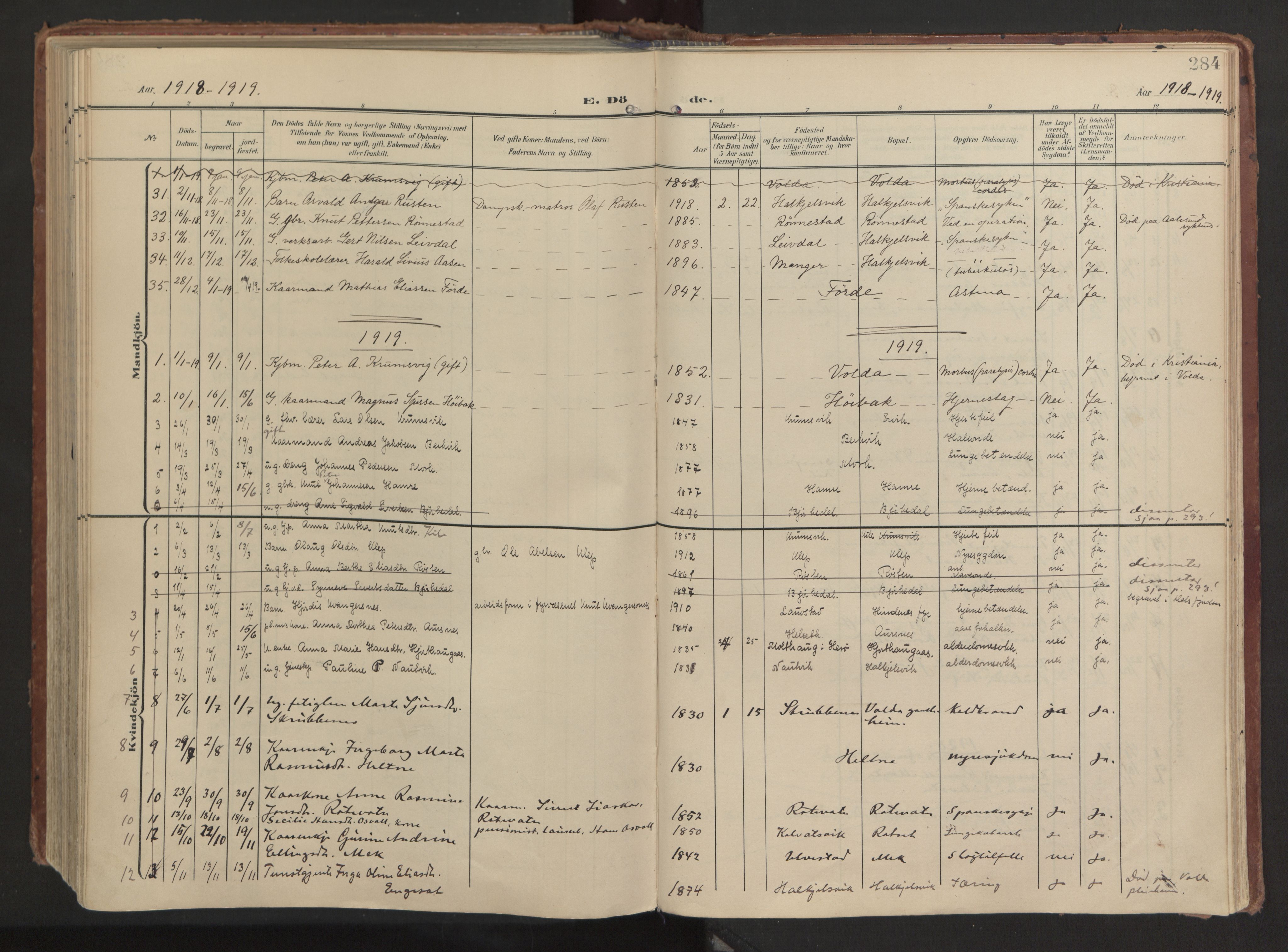 Ministerialprotokoller, klokkerbøker og fødselsregistre - Møre og Romsdal, AV/SAT-A-1454/511/L0144: Parish register (official) no. 511A11, 1906-1923, p. 284