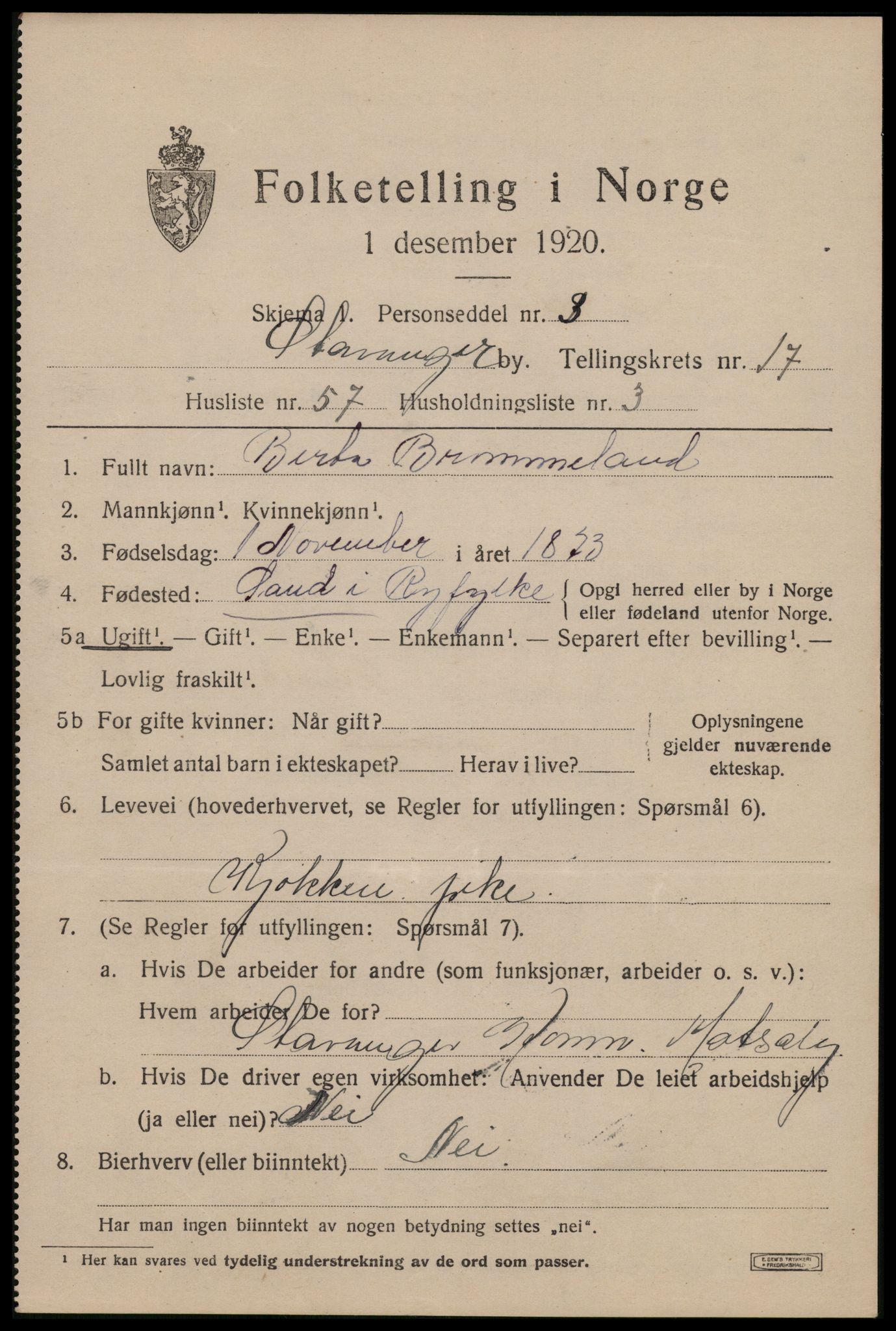 SAST, 1920 census for Stavanger, 1920, p. 66052