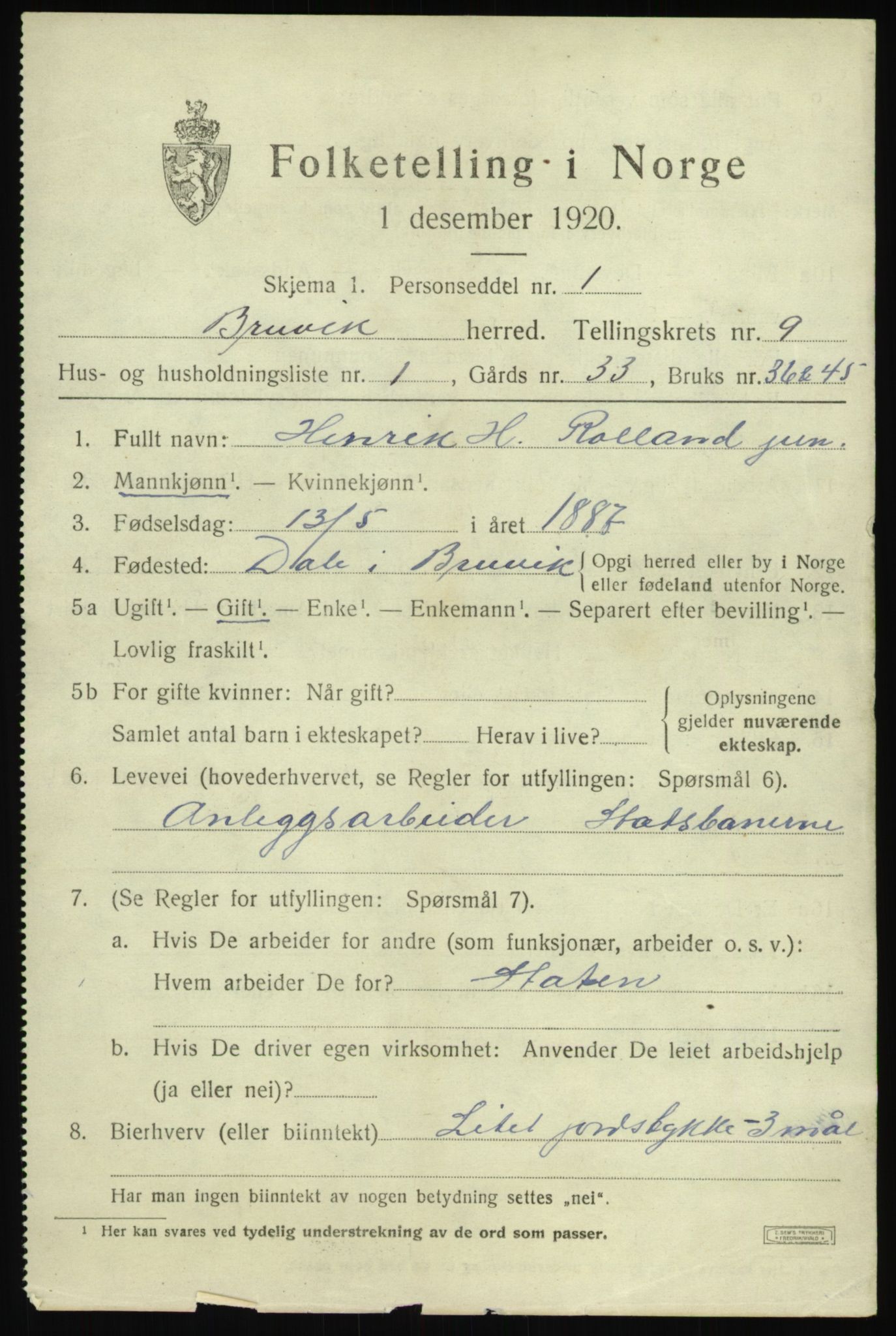 SAB, 1920 census for Bruvik, 1920, p. 5444