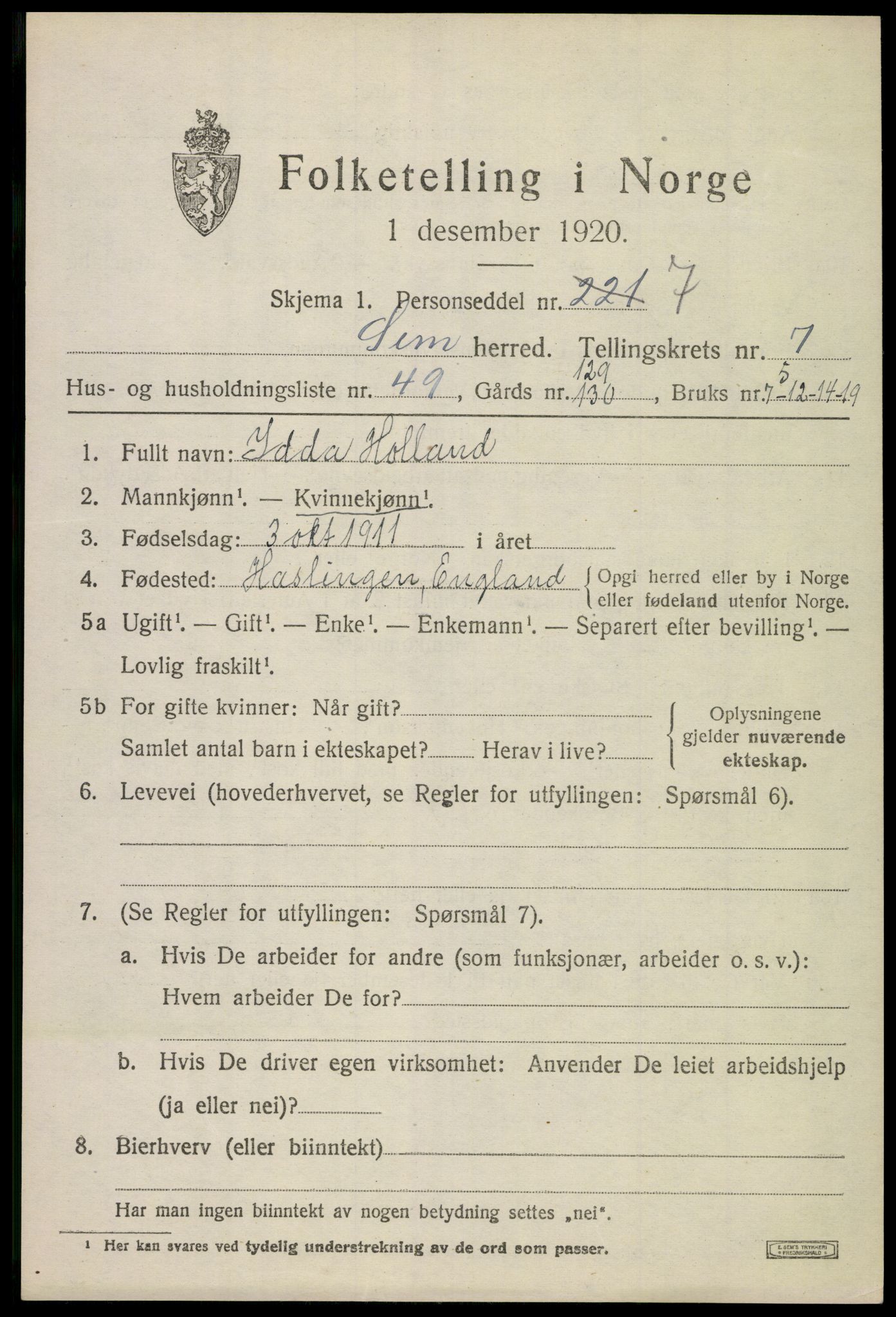 SAKO, 1920 census for Sem, 1920, p. 10783