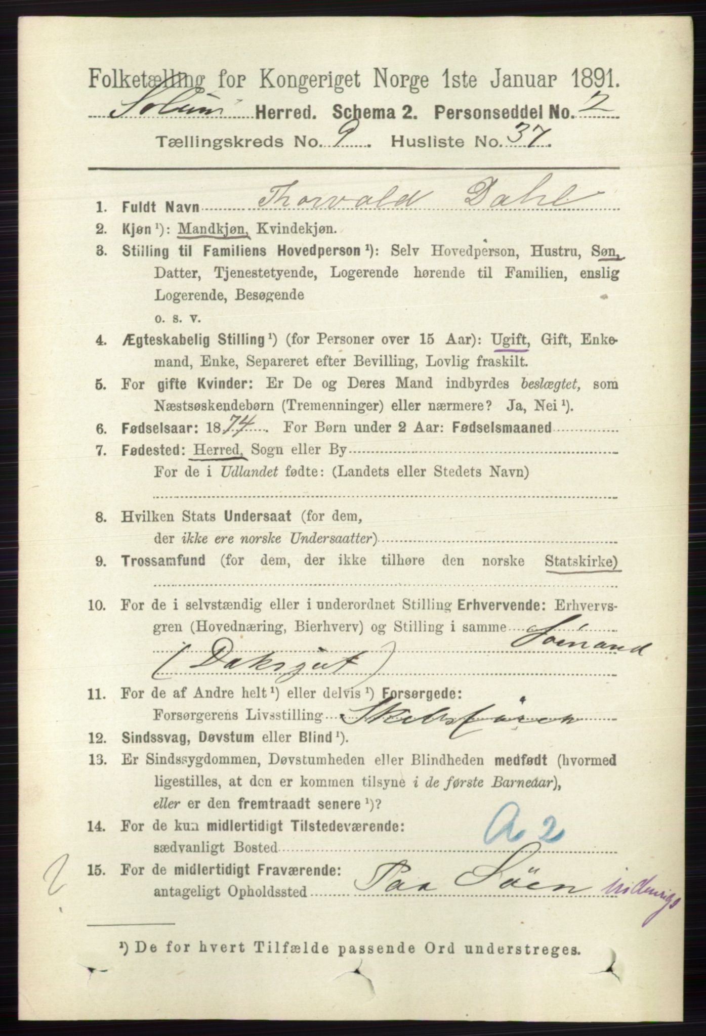 RA, 1891 census for 0818 Solum, 1891, p. 2164