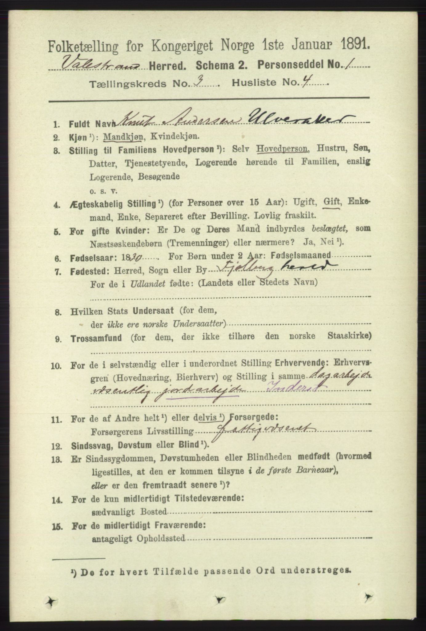 RA, 1891 census for 1217 Valestrand, 1891, p. 558