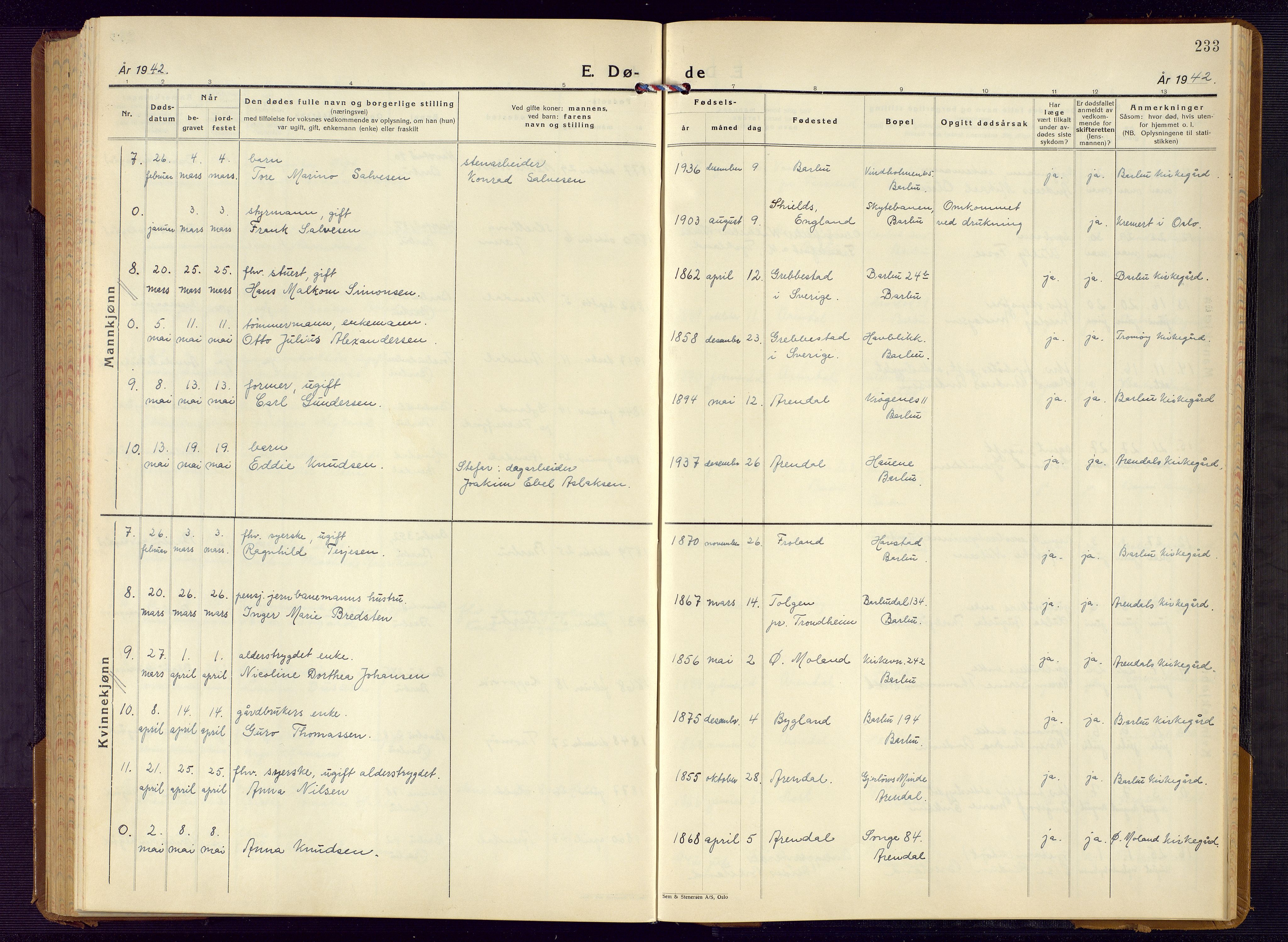 Barbu sokneprestkontor, AV/SAK-1111-0003/F/Fb/L0006: Parish register (copy) no. B 6, 1937-1947, p. 233
