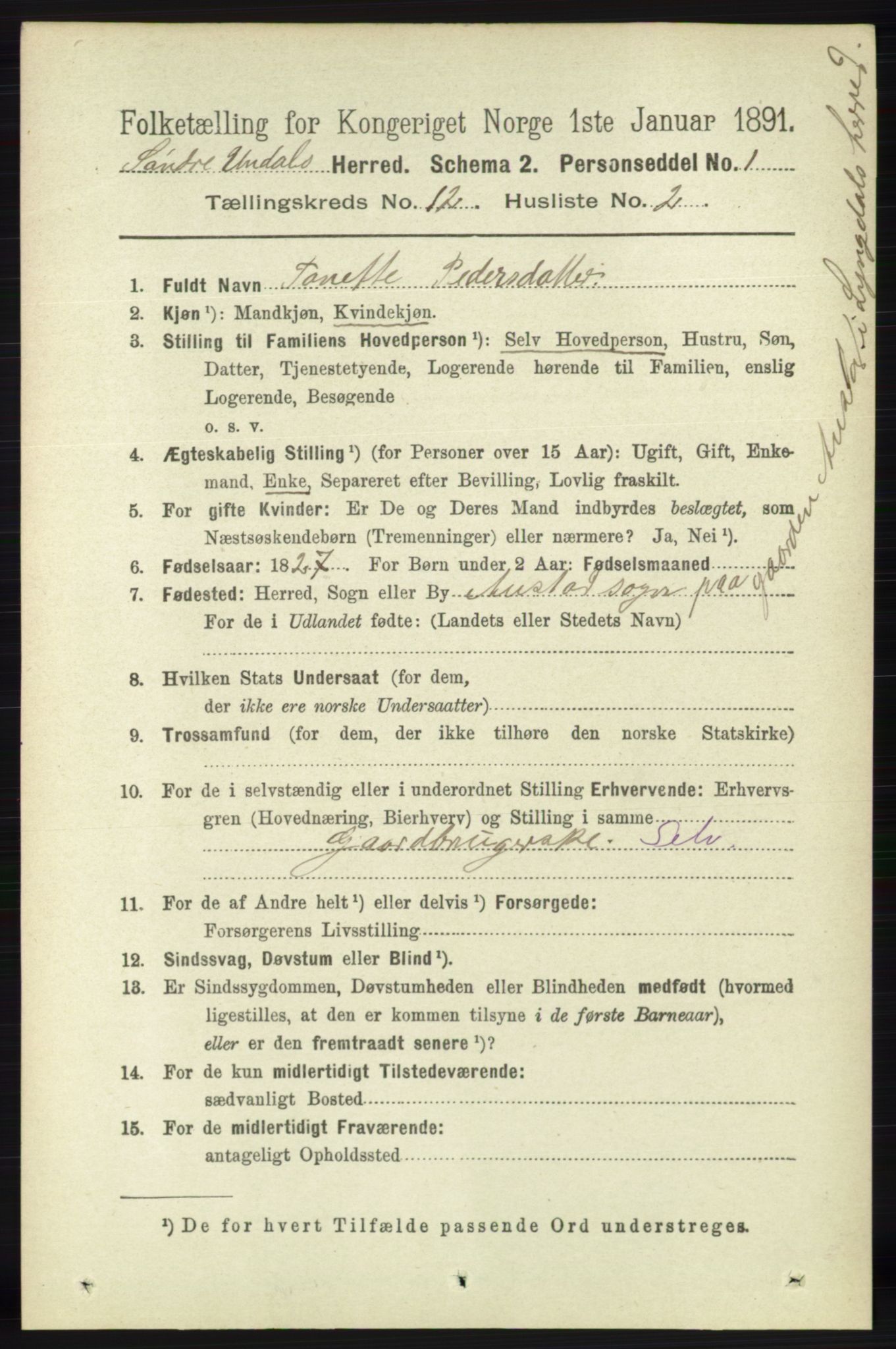 RA, 1891 census for 1029 Sør-Audnedal, 1891, p. 5505