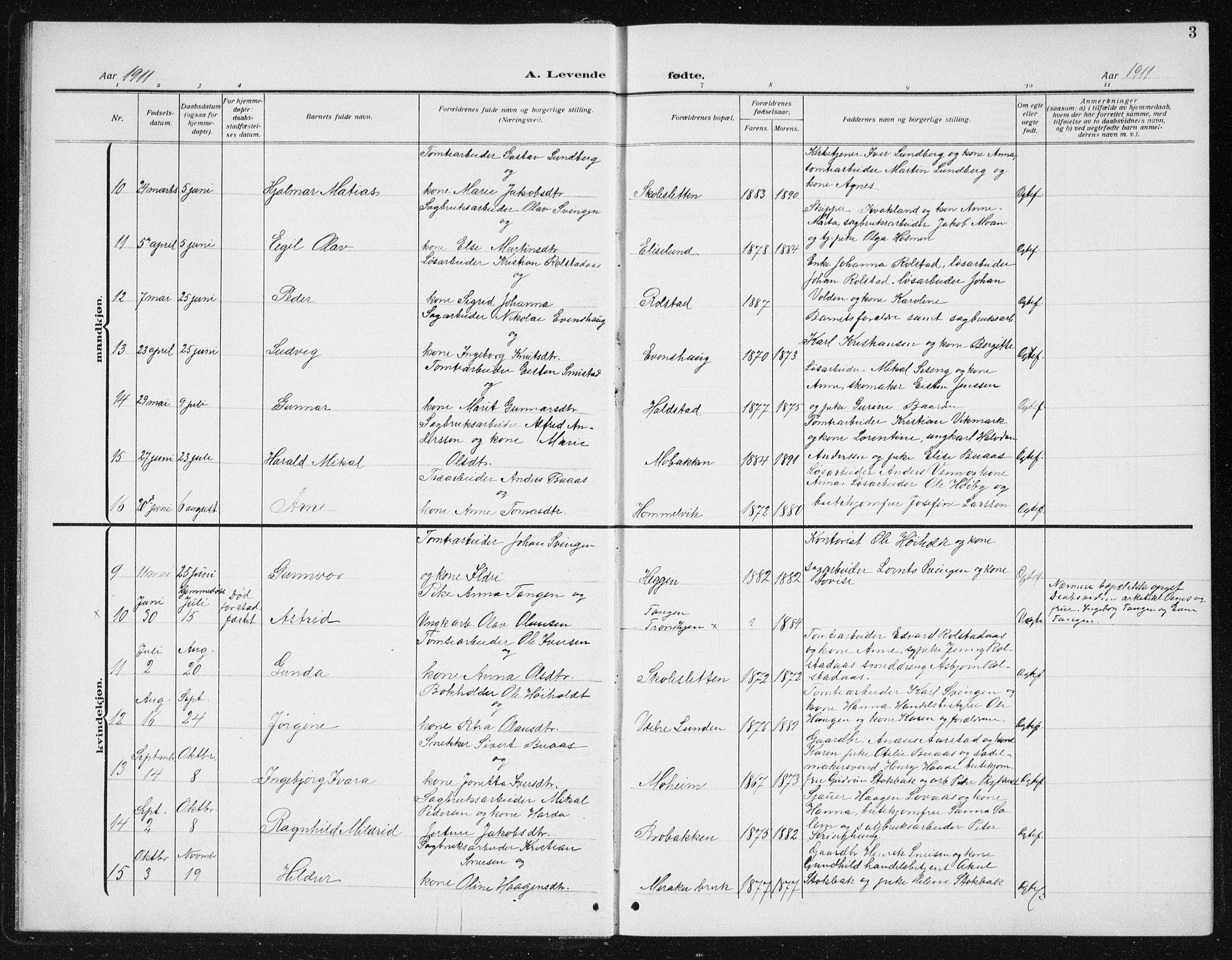 Ministerialprotokoller, klokkerbøker og fødselsregistre - Sør-Trøndelag, SAT/A-1456/617/L0431: Parish register (copy) no. 617C02, 1910-1936, p. 3