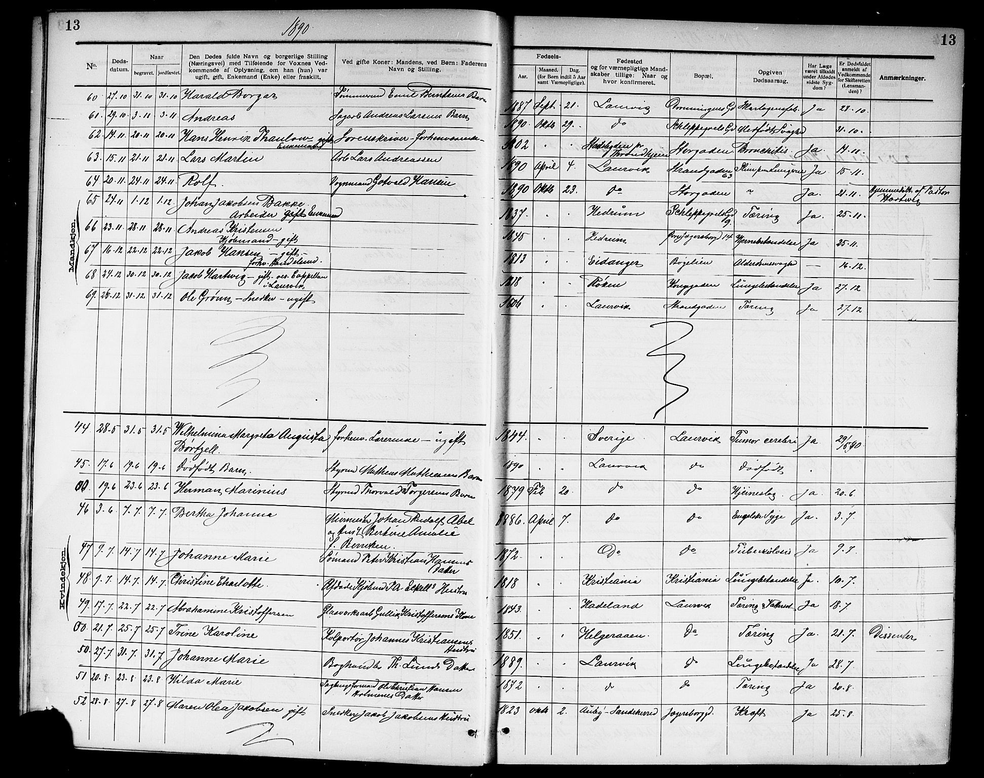 Larvik kirkebøker, SAKO/A-352/G/Ga/L0007: Parish register (copy) no. I 7, 1888-1918, p. 13