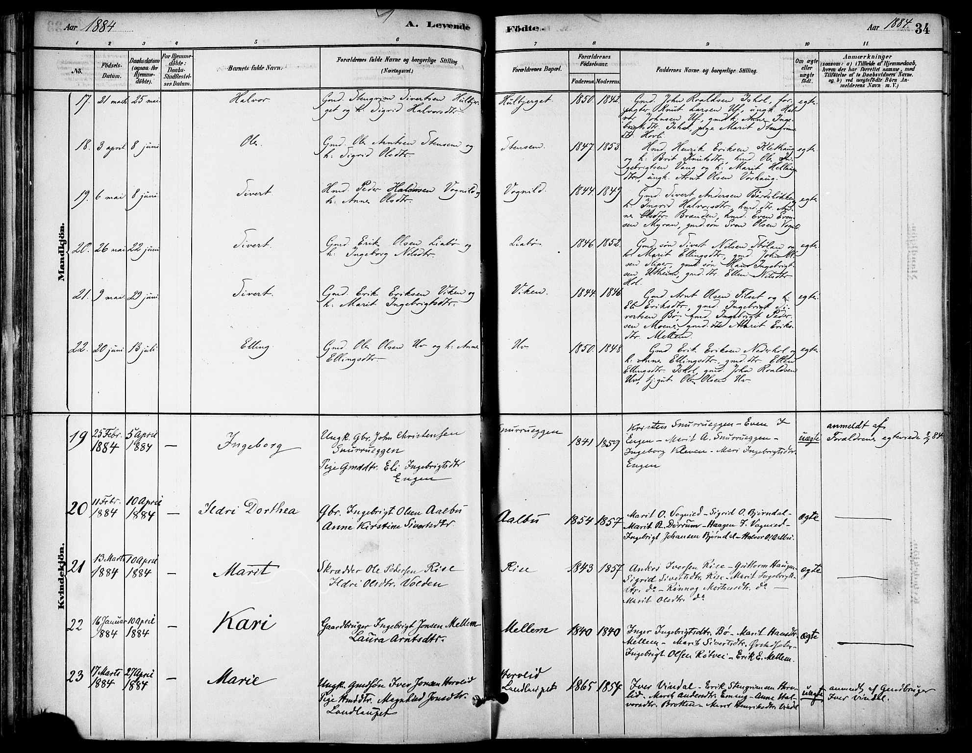 Ministerialprotokoller, klokkerbøker og fødselsregistre - Sør-Trøndelag, AV/SAT-A-1456/678/L0901: Parish register (official) no. 678A10, 1881-1894, p. 34