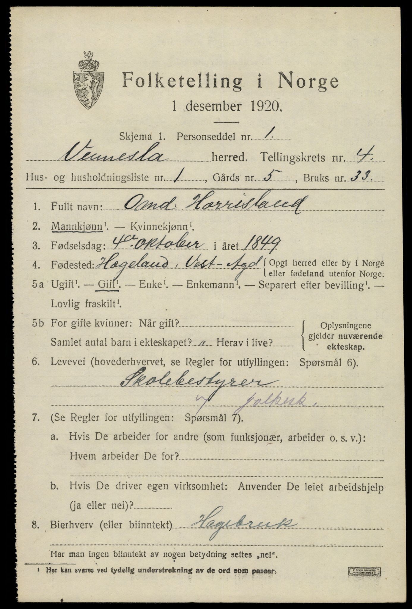 SAK, 1920 census for Vennesla, 1920, p. 2656