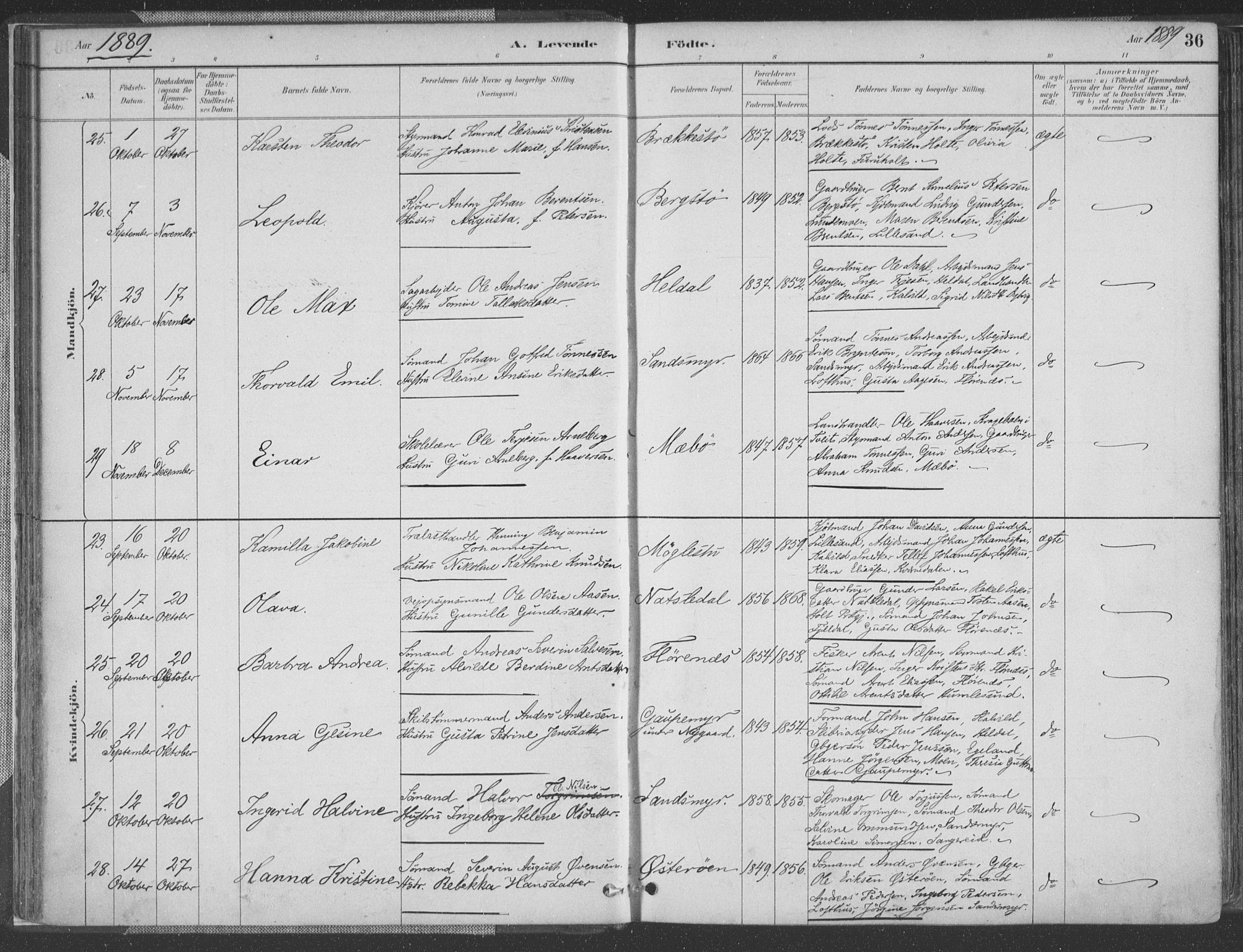 Vestre Moland sokneprestkontor, AV/SAK-1111-0046/F/Fa/Fab/L0009: Parish register (official) no. A 9, 1884-1899, p. 36