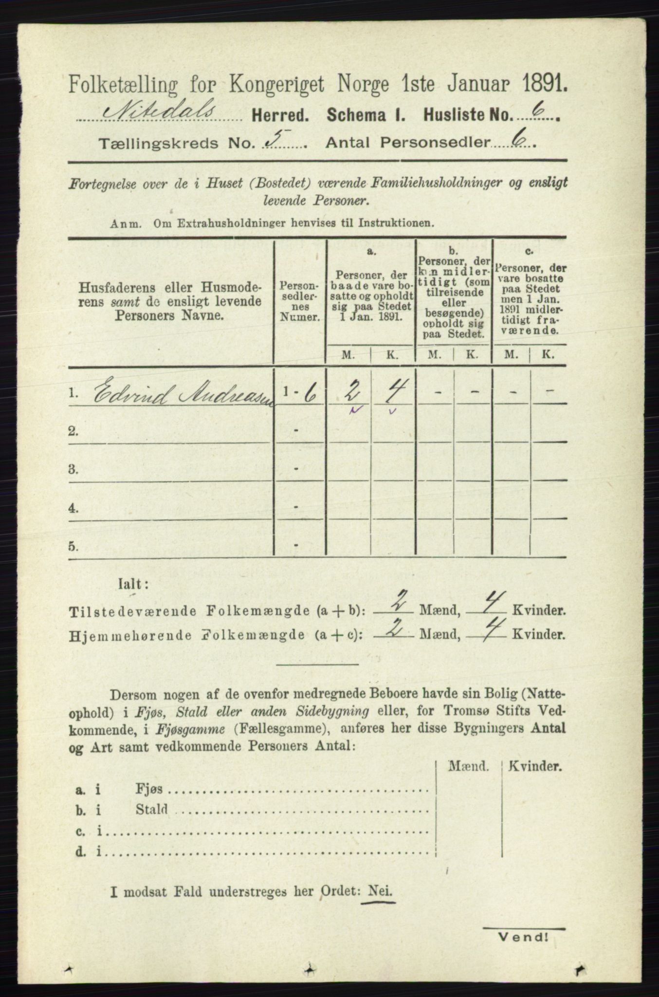 RA, 1891 census for 0233 Nittedal, 1891, p. 2122