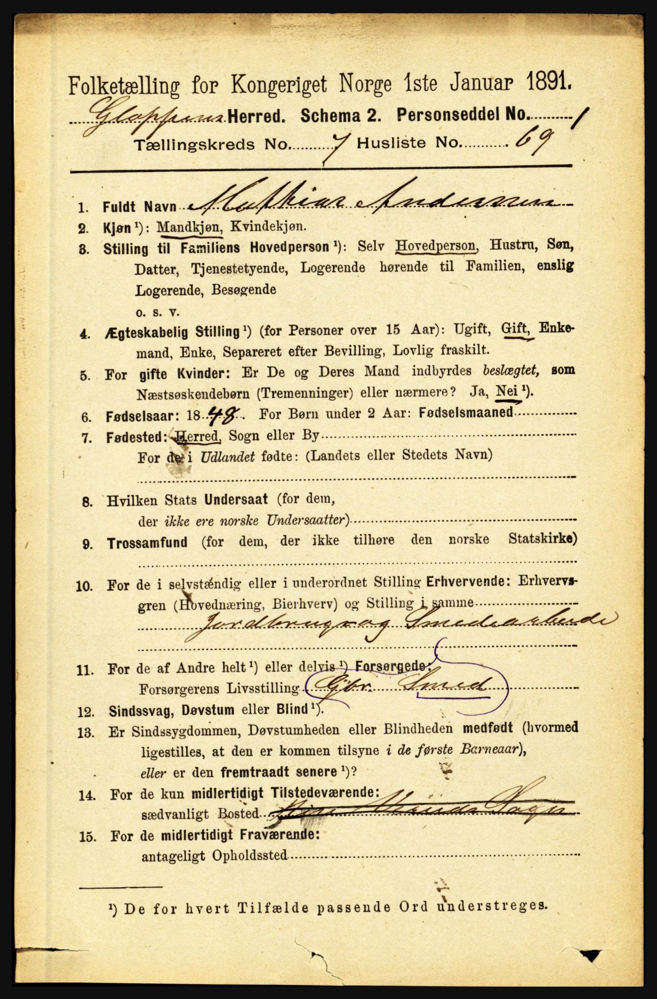 RA, 1891 census for 1445 Gloppen, 1891, p. 3075