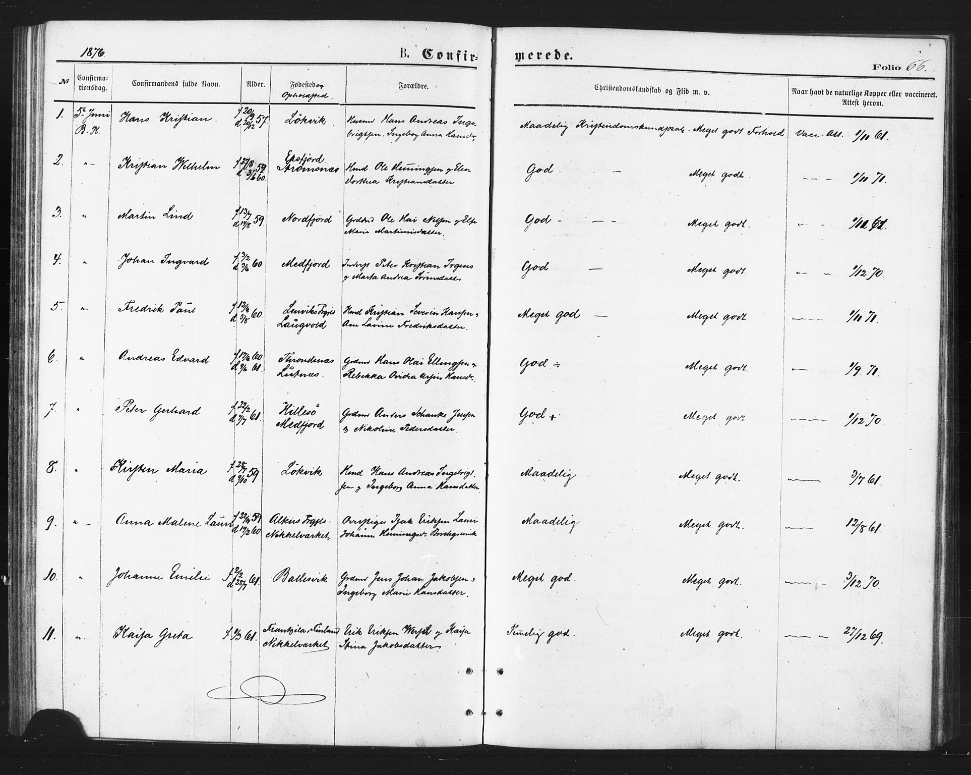 Berg sokneprestkontor, SATØ/S-1318/G/Ga/Gaa/L0003kirke: Parish register (official) no. 3, 1872-1879, p. 66