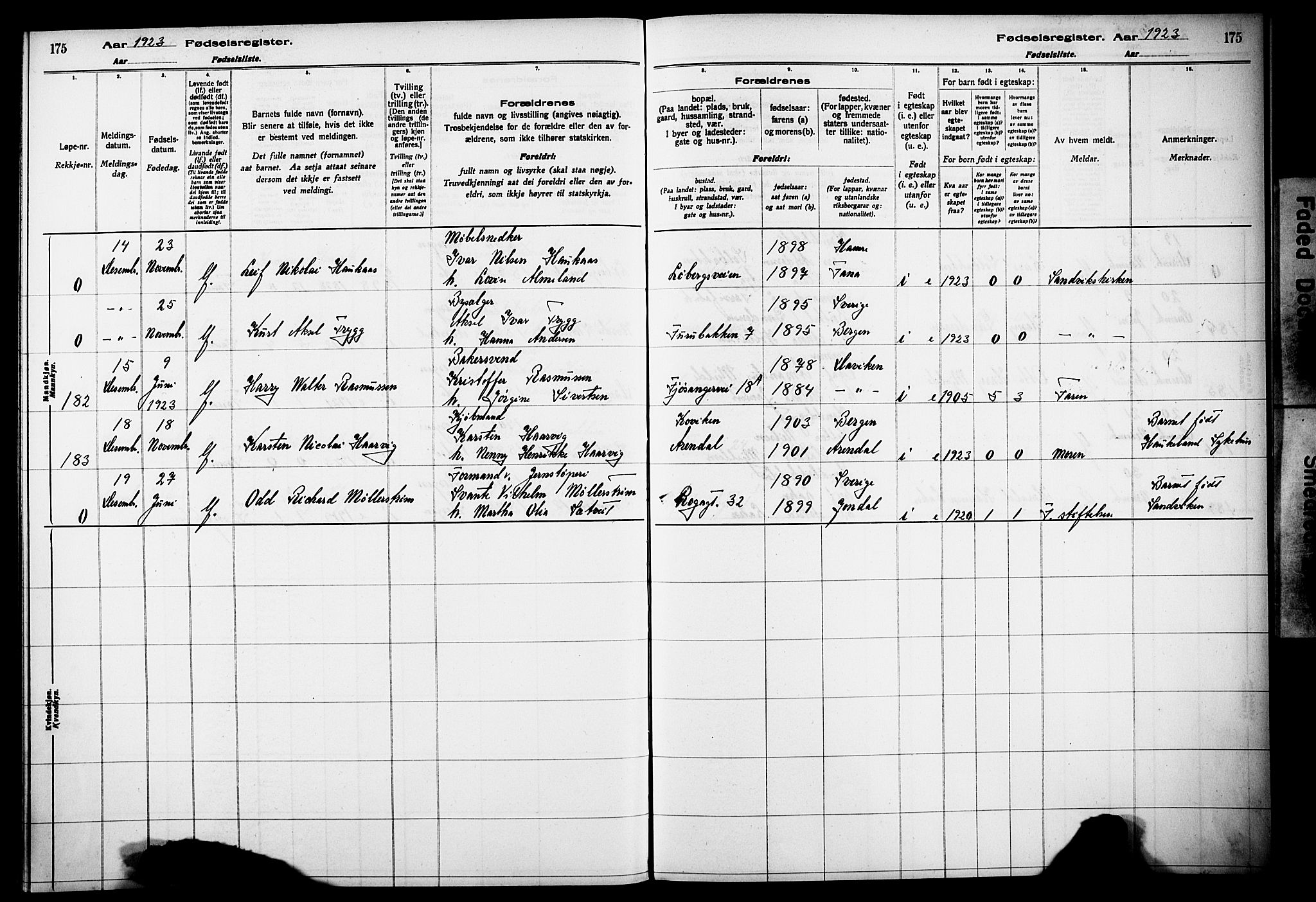 Årstad Sokneprestembete, AV/SAB-A-79301/I/Id/L0A02: Birth register no. A 2, 1920-1924, p. 175