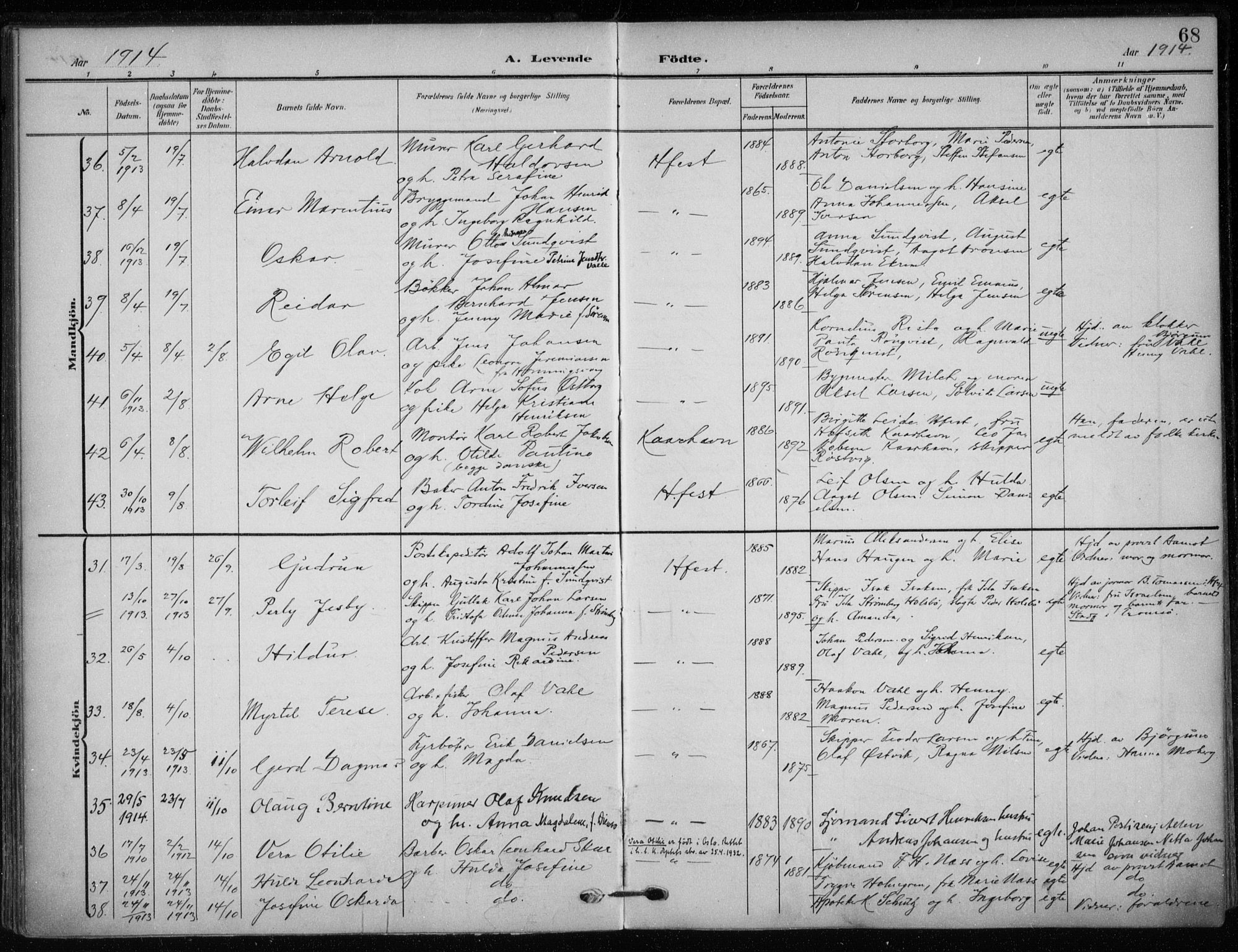 Hammerfest sokneprestkontor, AV/SATØ-S-1347/H/Ha/L0014.kirke: Parish register (official) no. 14, 1906-1916, p. 68