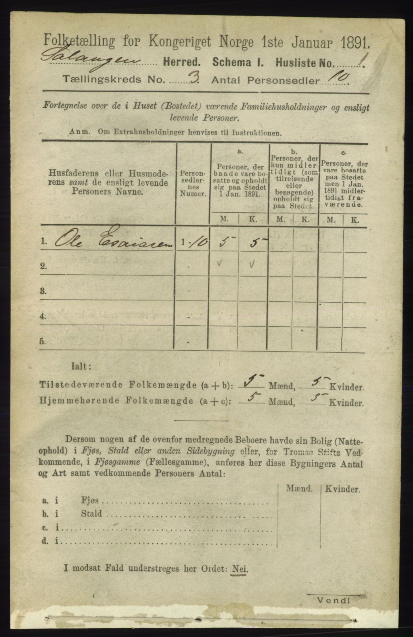 RA, 1891 census for 1921 Salangen, 1891, p. 1147