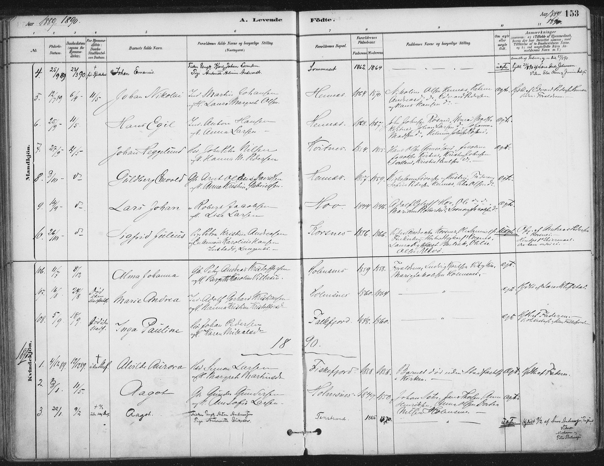 Ministerialprotokoller, klokkerbøker og fødselsregistre - Nordland, SAT/A-1459/888/L1244: Parish register (official) no. 888A10, 1880-1890, p. 153