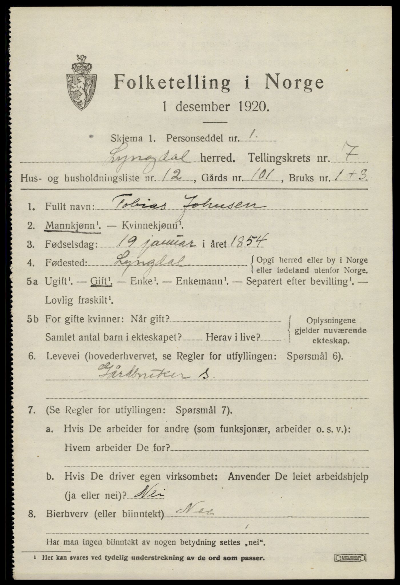 SAK, 1920 census for Lyngdal, 1920, p. 3967