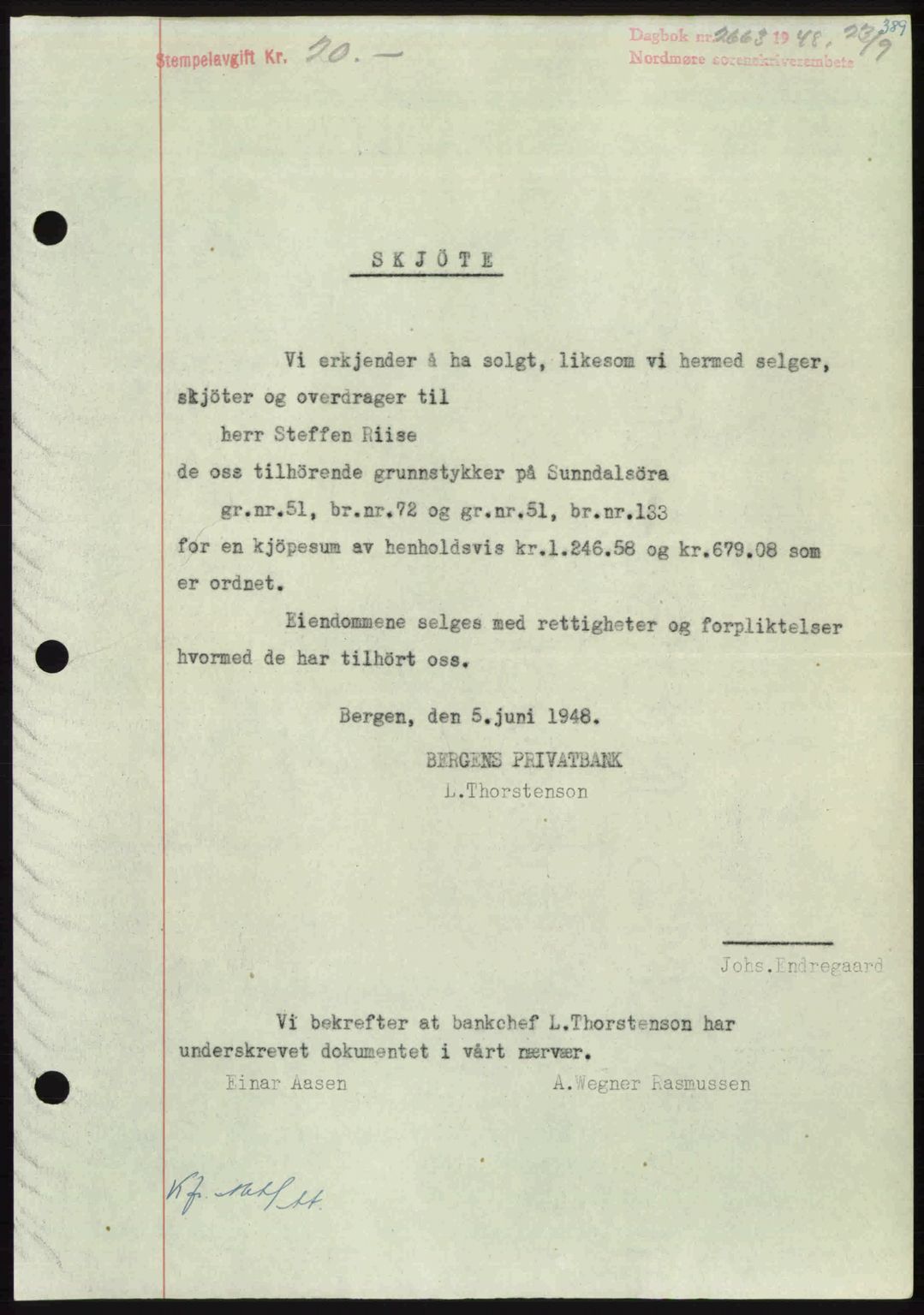 Nordmøre sorenskriveri, AV/SAT-A-4132/1/2/2Ca: Mortgage book no. A109, 1948-1948, Diary no: : 2663/1948