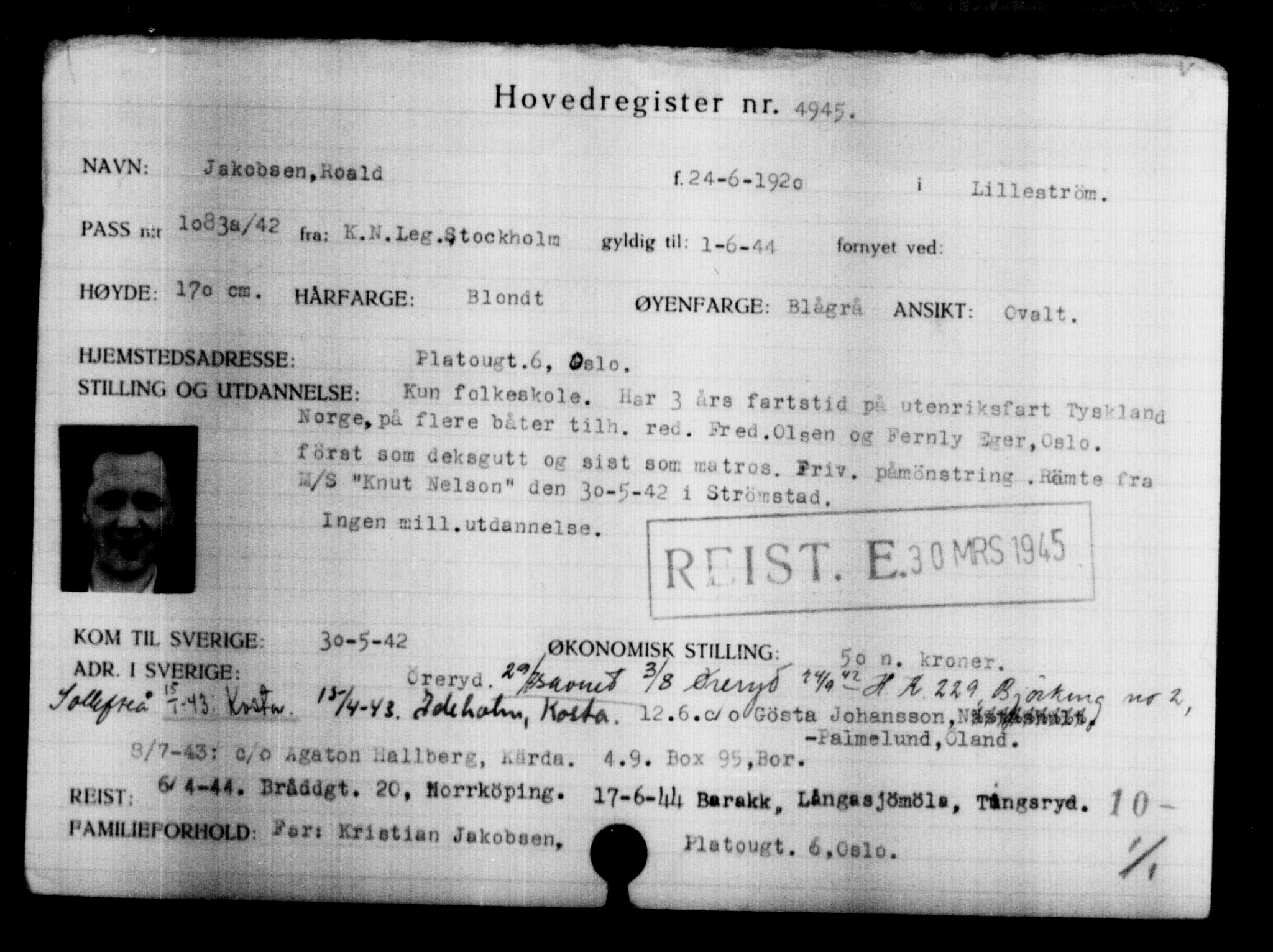 Utenriksstasjonene, Legasjonen i Stockholm, Flyktningkontoret, AV/RA-S-6753/V/Va/L0004: Kjesäterkartoteket, flyktninger med registreringsnr. 3496-6610, 1940-1945, p. 1720