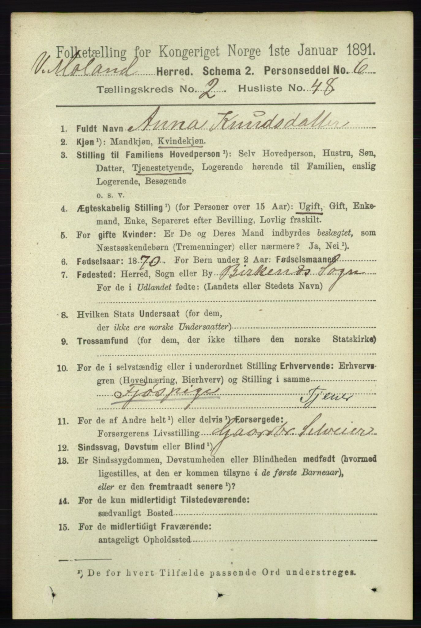 RA, 1891 census for 0926 Vestre Moland, 1891, p. 875