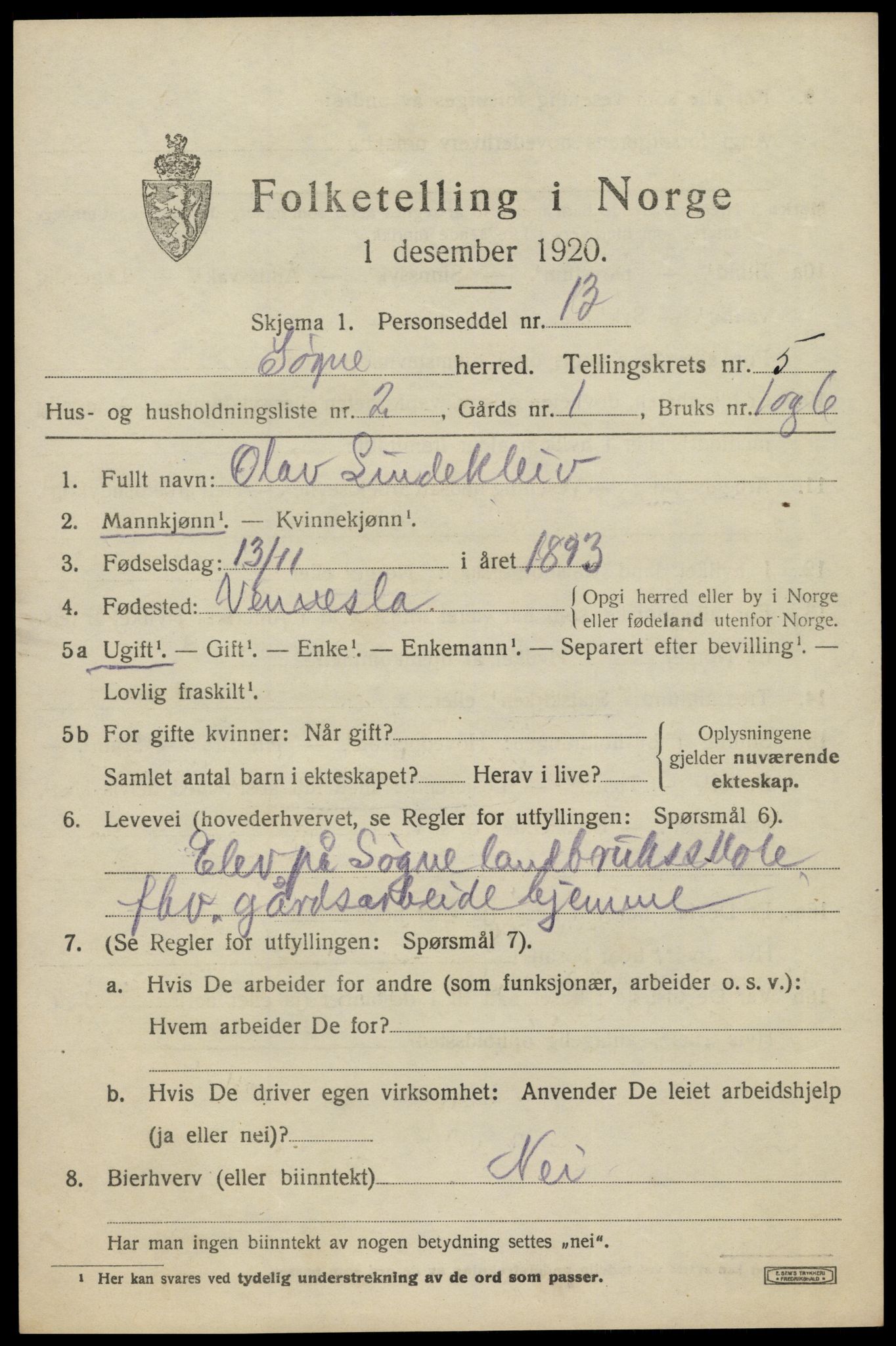 SAK, 1920 census for Søgne, 1920, p. 2205