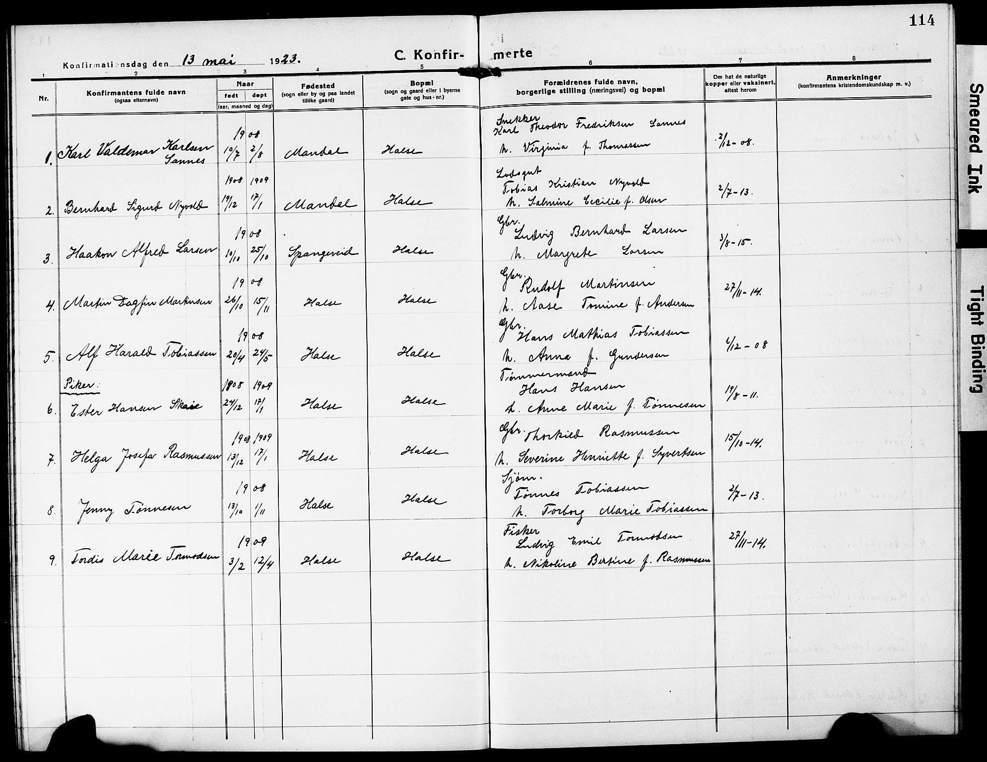 Mandal sokneprestkontor, SAK/1111-0030/F/Fb/Fba/L0013: Parish register (copy) no. B 7, 1918-1931, p. 114