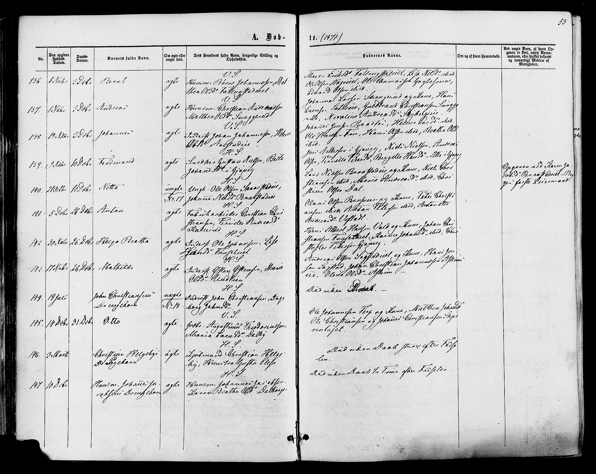 Vardal prestekontor, SAH/PREST-100/H/Ha/Haa/L0007: Parish register (official) no. 7, 1867-1878, p. 53