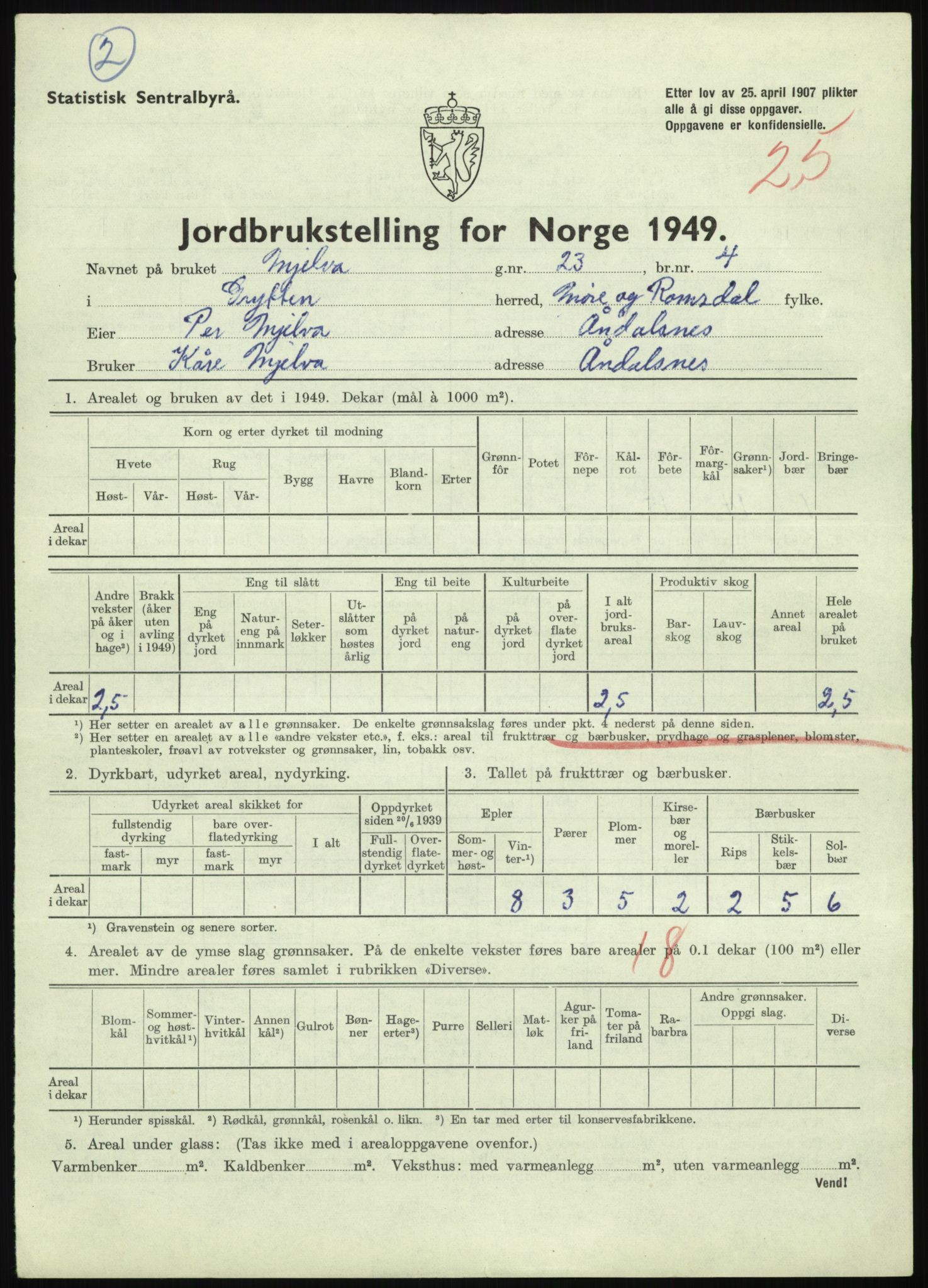 Statistisk sentralbyrå, Næringsøkonomiske emner, Jordbruk, skogbruk, jakt, fiske og fangst, AV/RA-S-2234/G/Gc/L0323: Møre og Romsdal: Grytten og Hen, 1949, p. 27